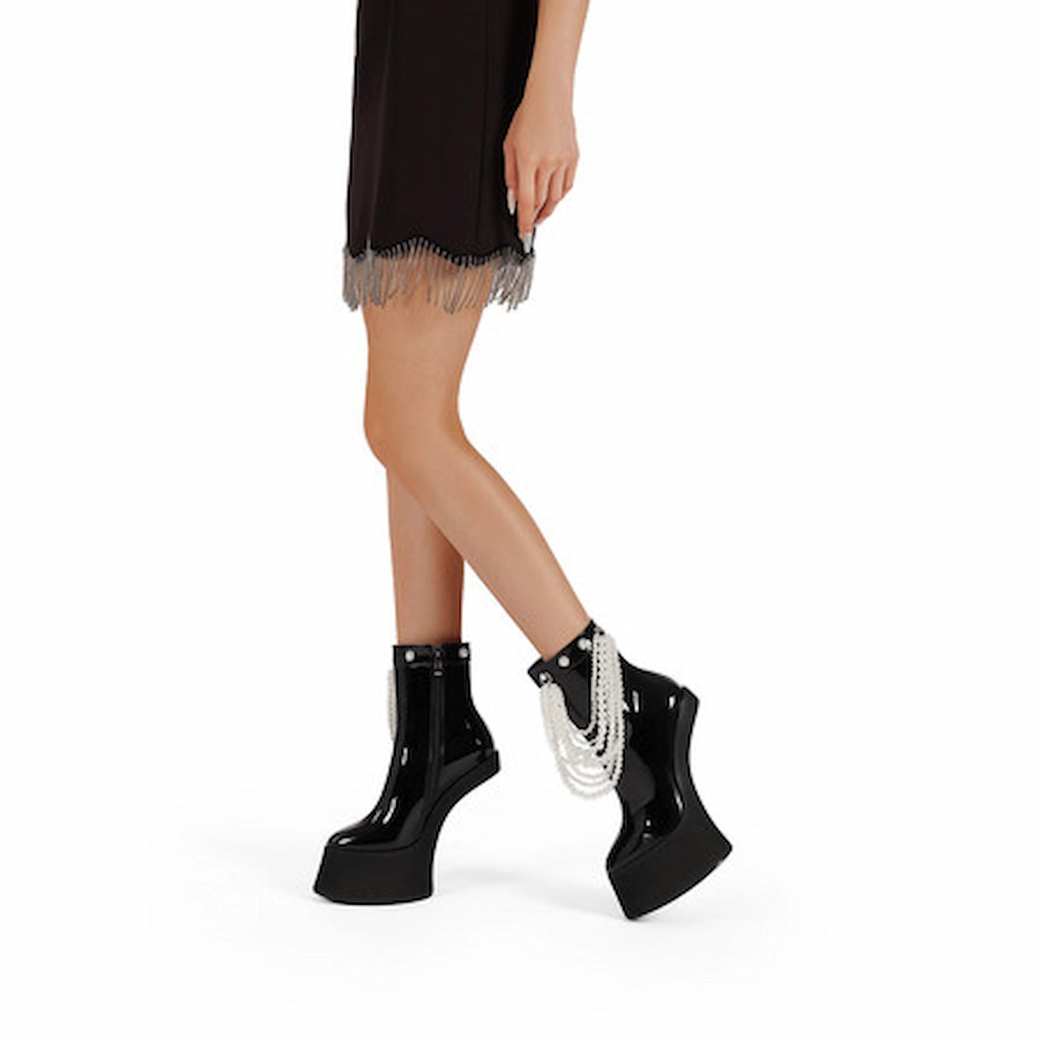 Edgy Black Platform Ankle Boots with Layered Chain Embellishments
