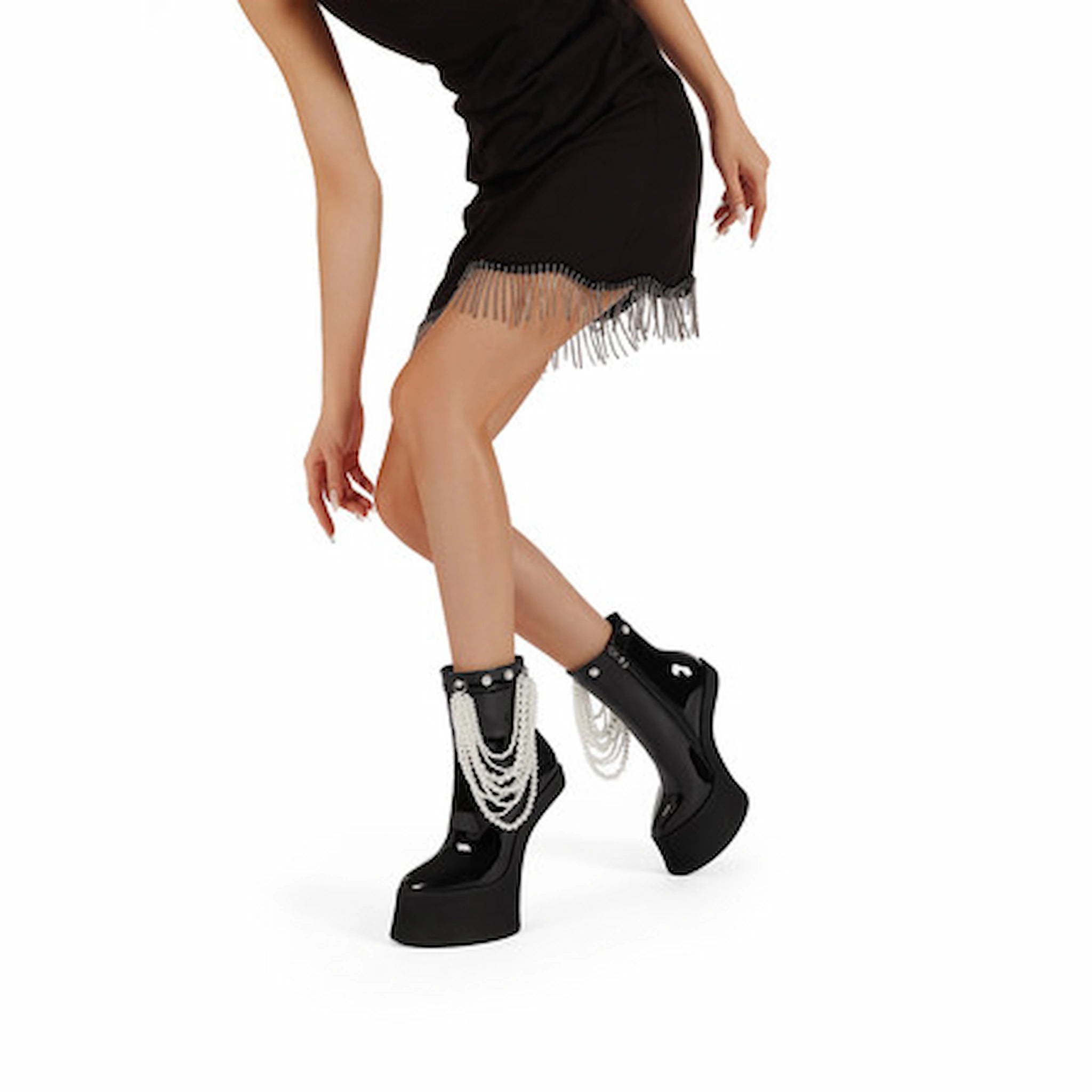 Edgy Black Platform Ankle Boots with Layered Chain Embellishments