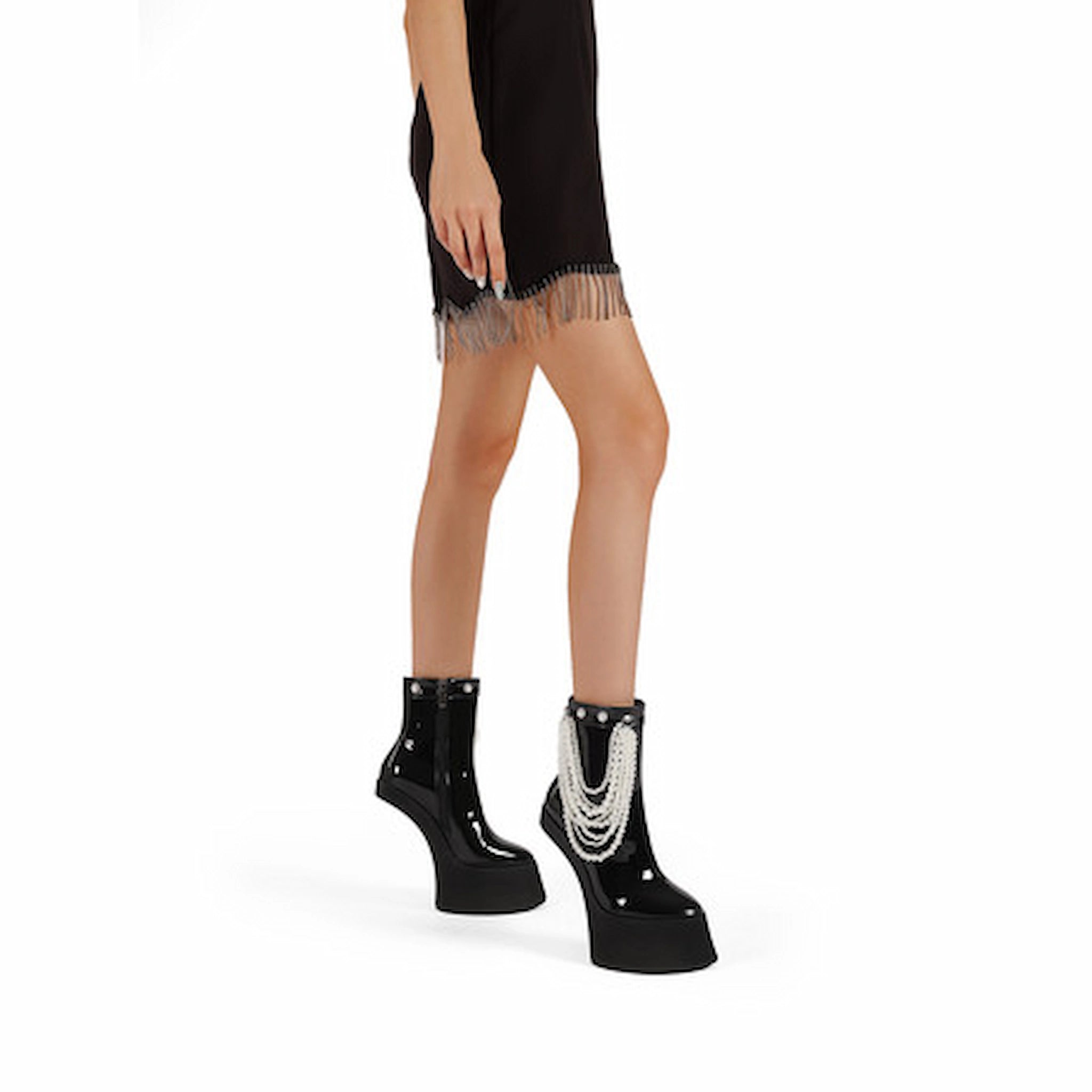 Edgy Black Platform Ankle Boots with Layered Chain Embellishments