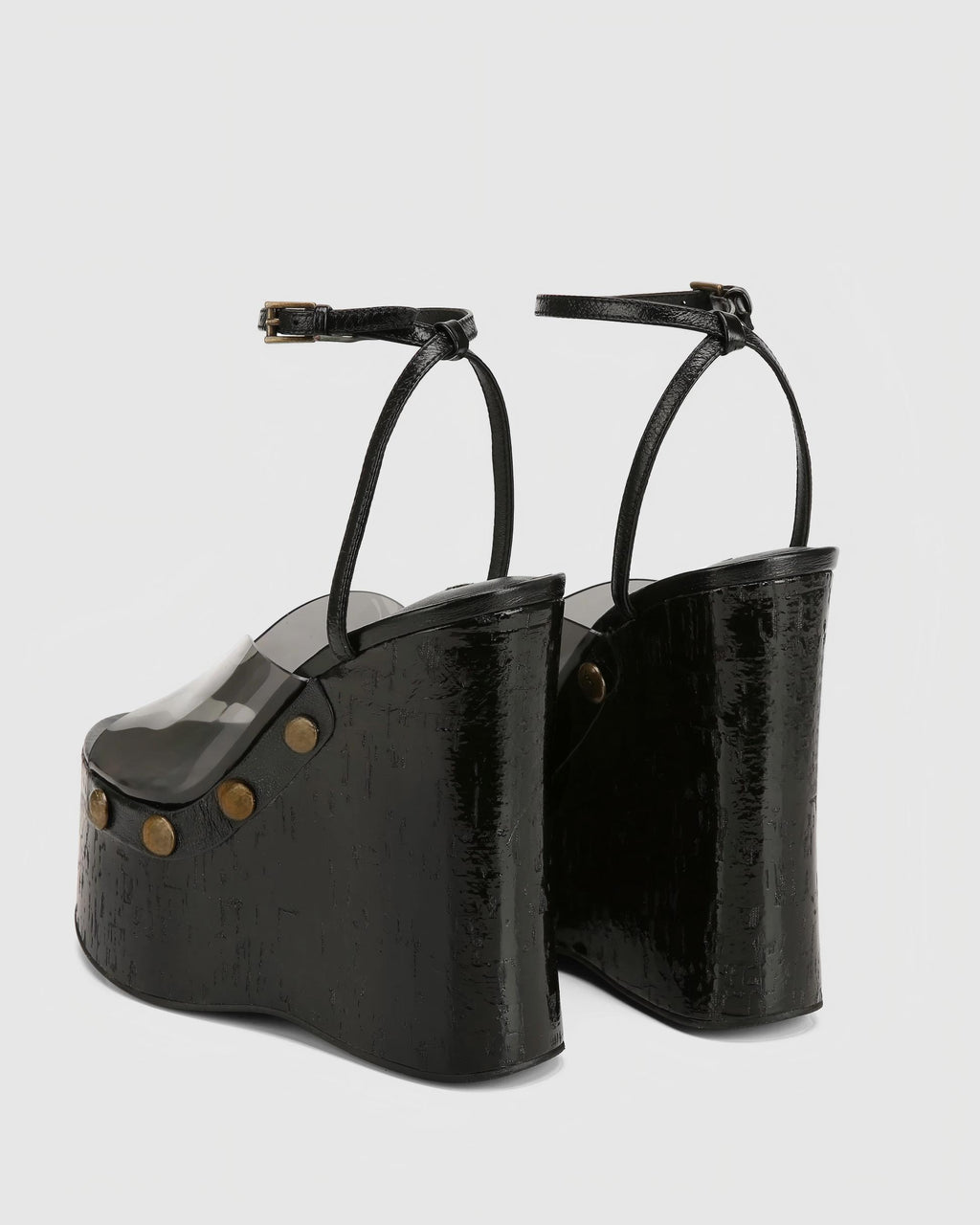Black Patent Platform Wedge Sandals with Clear Strap & Ankle Buckle