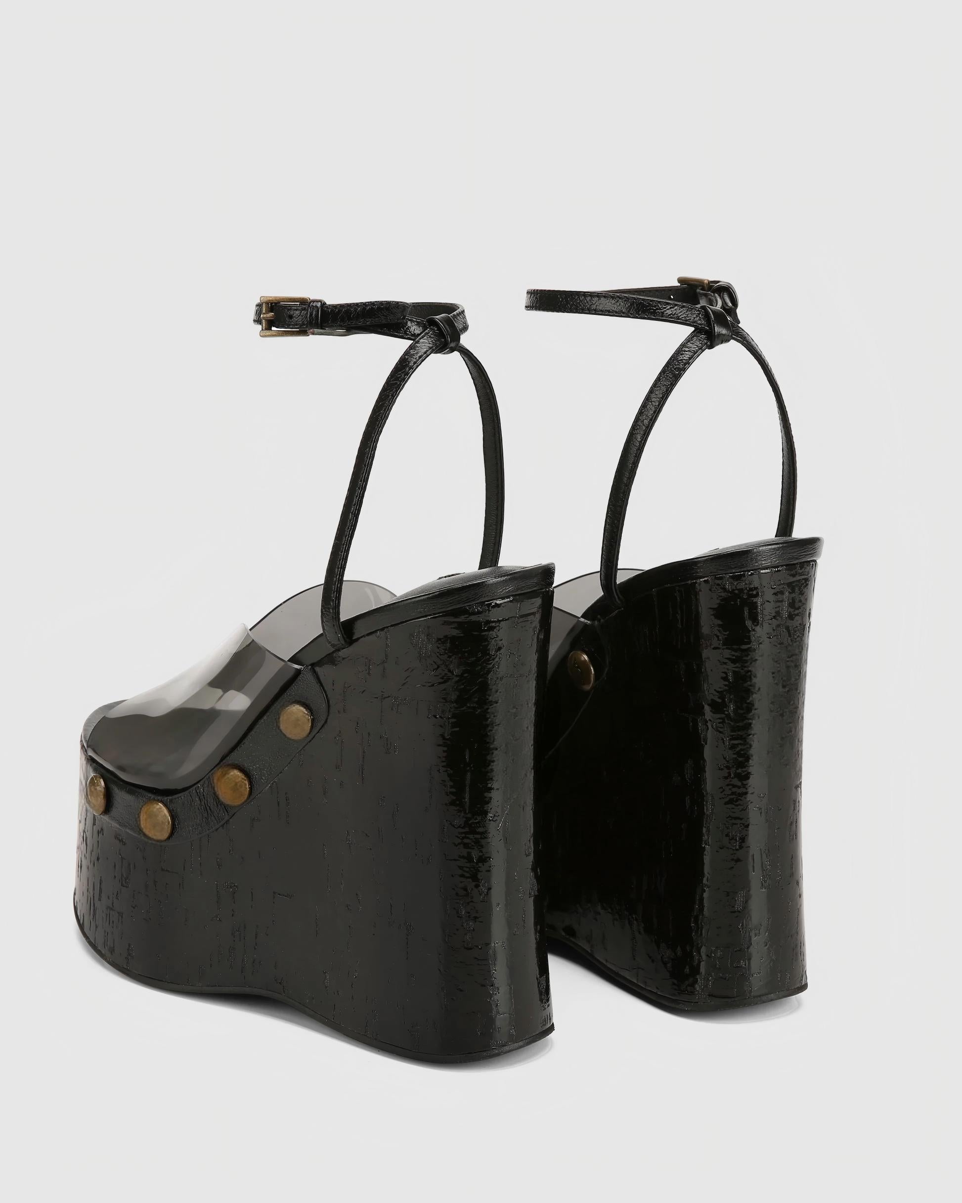 Black Patent Platform Wedge Sandals with Clear Strap & Ankle Buckle