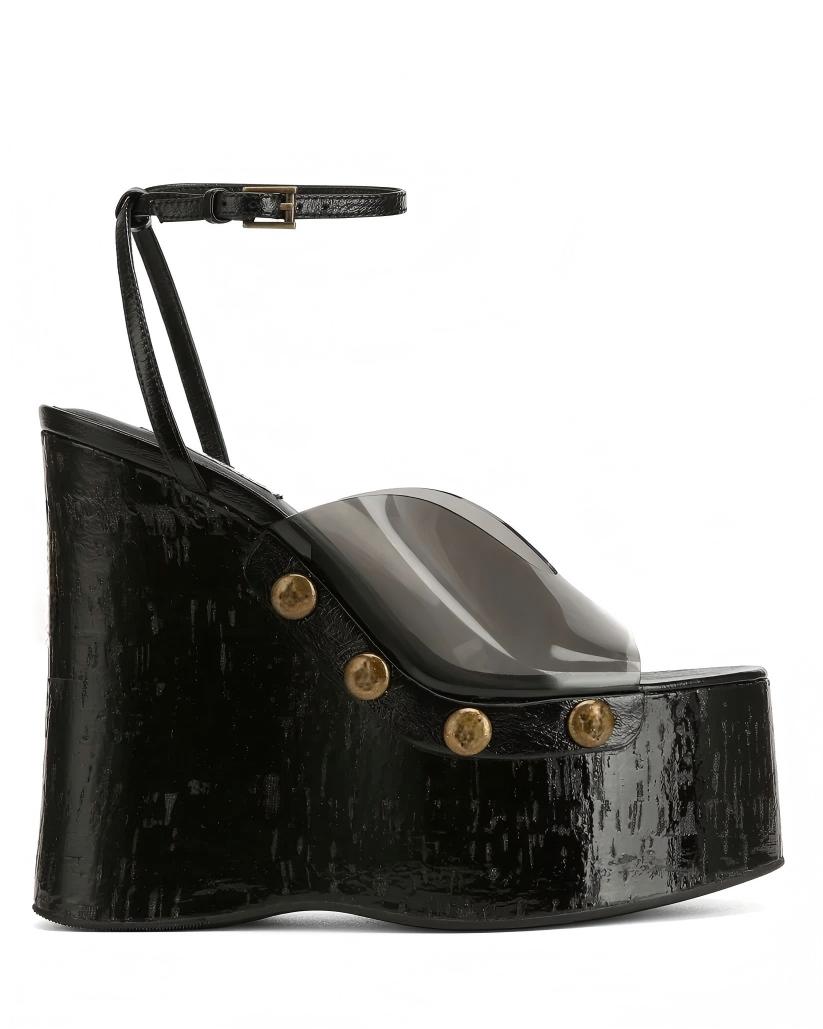 Black Patent Platform Wedge Sandals with Clear Strap & Ankle Buckle