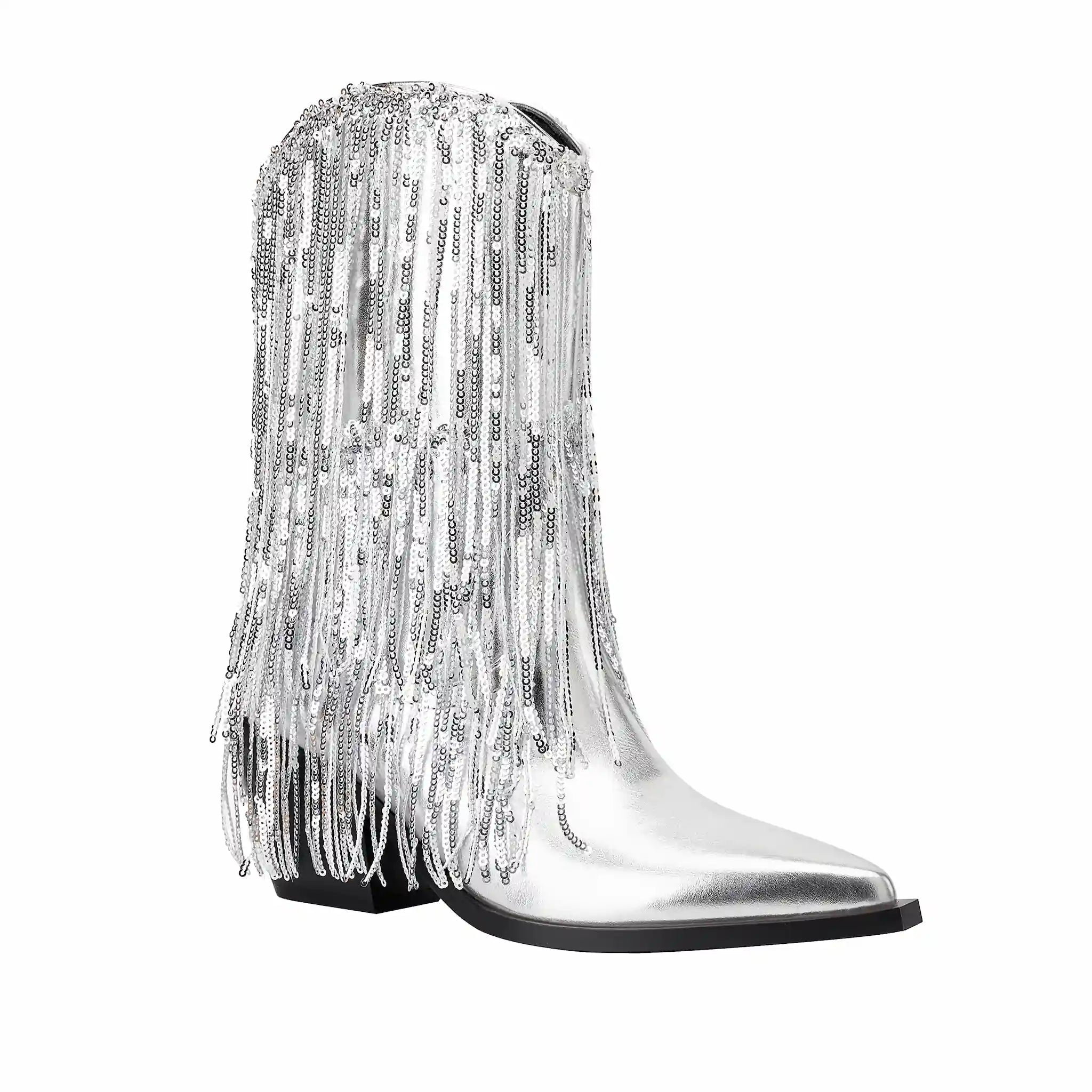 Women's Rhinestone Fringe Boots Sparkly Crystal Tassel Cowgirl Boots Pointed Toe Chunky Heel Mid Calf Bling Boots for Nightclub Party Wedding Festival Halloween Christmas Silver