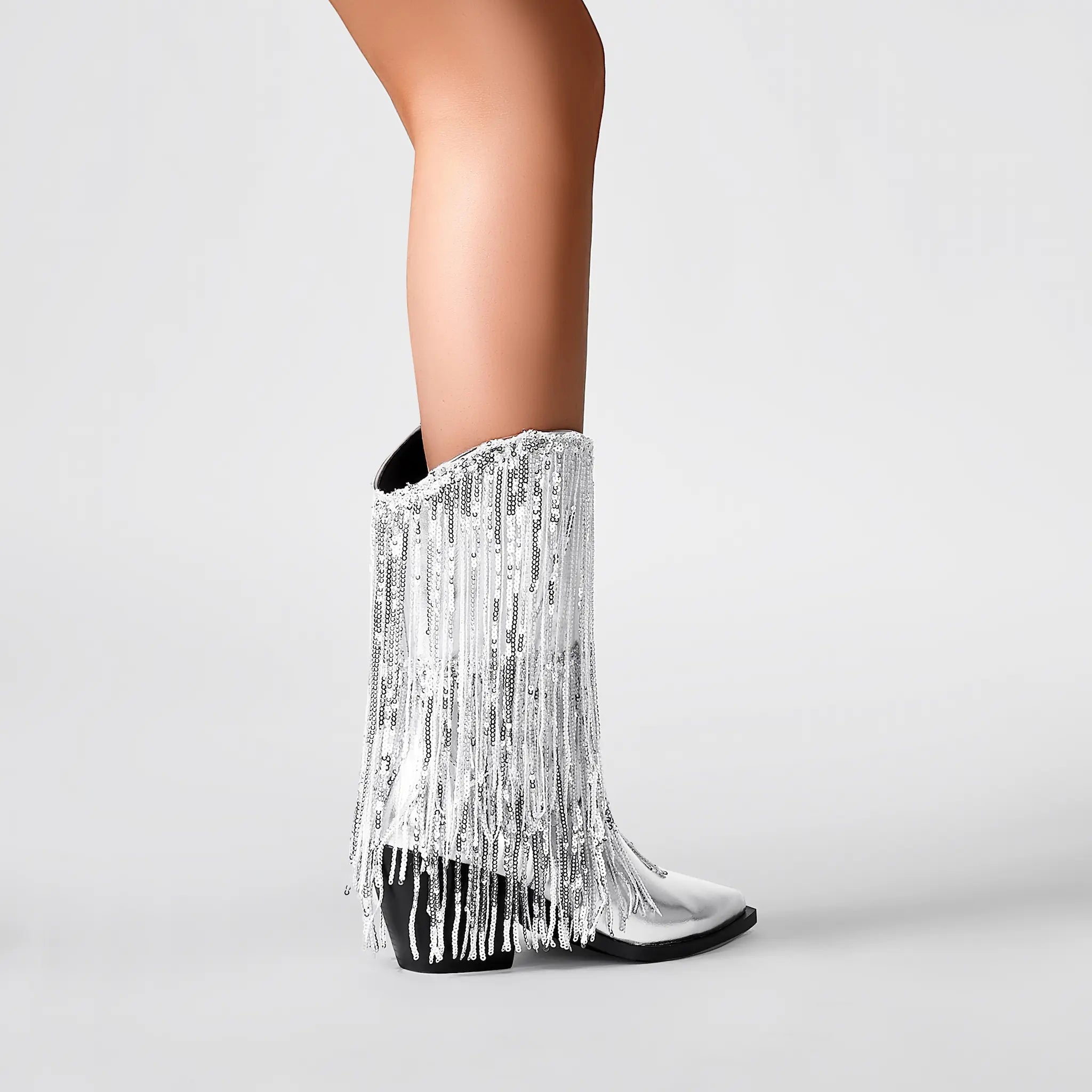 Women's Rhinestone Fringe Boots Sparkly Crystal Tassel Cowgirl Boots Pointed Toe Chunky Heel Mid Calf Bling Boots for Nightclub Party Wedding Festival Halloween Christmas Silver
