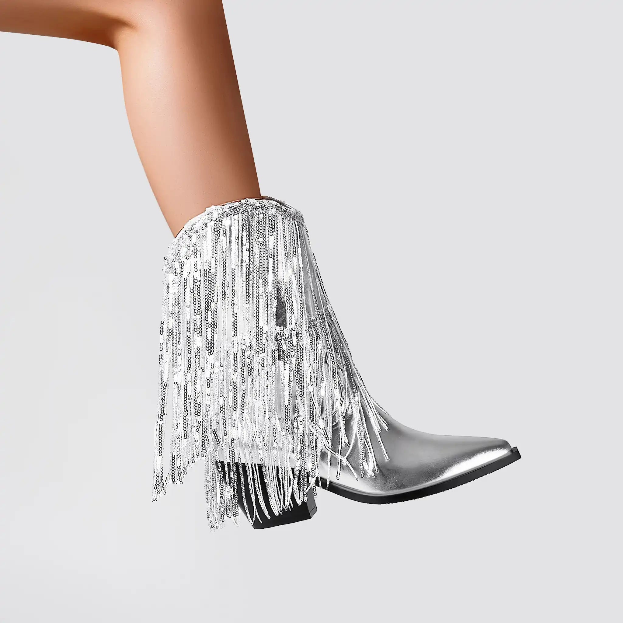 Women's Rhinestone Fringe Boots Sparkly Crystal Tassel Cowgirl Boots Pointed Toe Chunky Heel Mid Calf Bling Boots for Nightclub Party Wedding Festival Halloween Christmas Silver