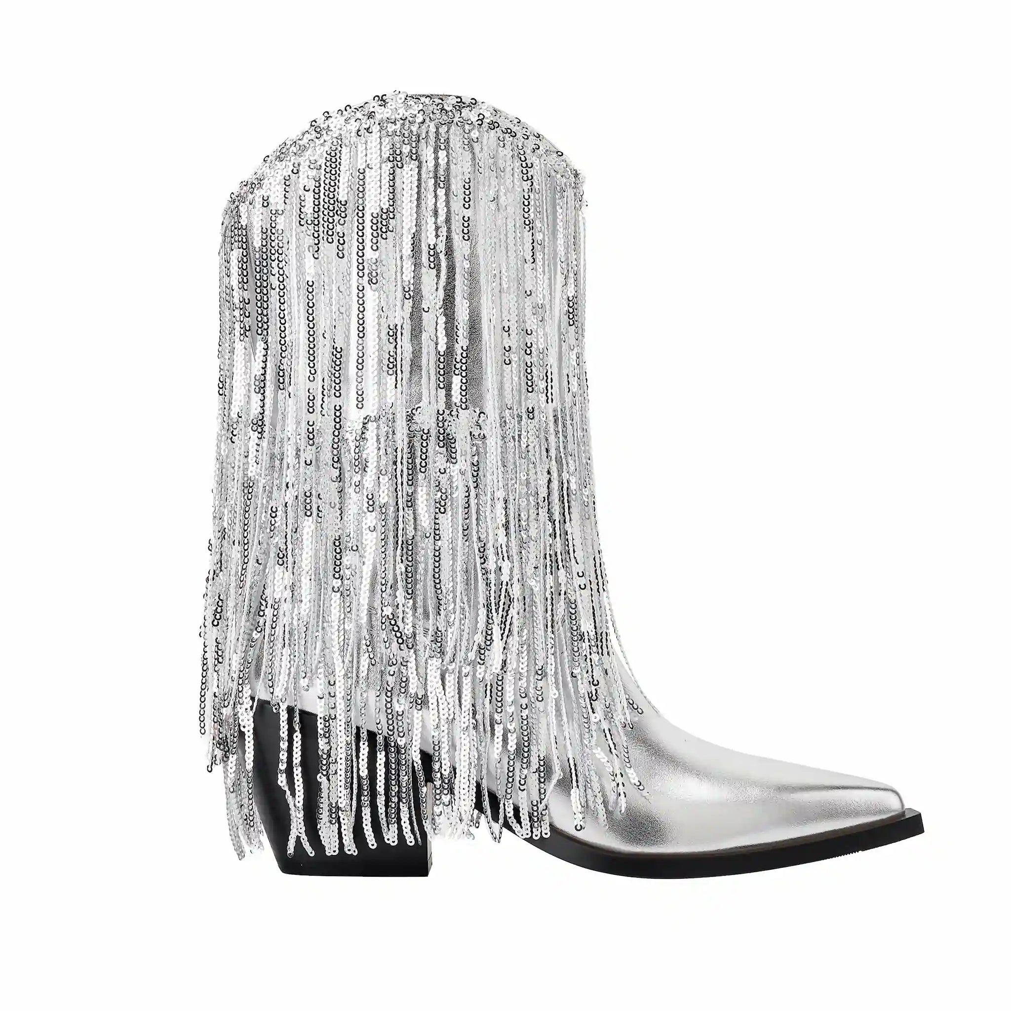 Women's Rhinestone Fringe Boots Sparkly Crystal Tassel Cowgirl Boots Pointed Toe Chunky Heel Mid Calf Bling Boots for Nightclub Party Wedding Festival Halloween Christmas Silver