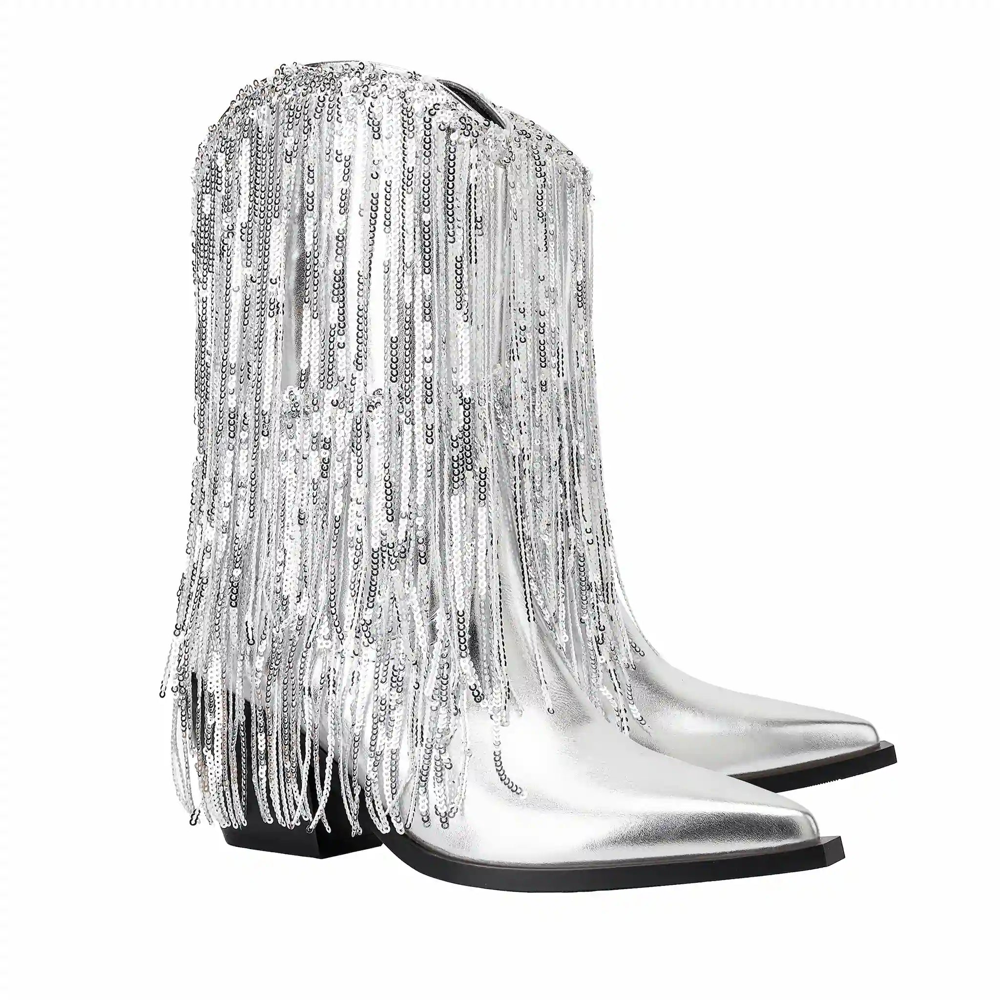 Women's Rhinestone Fringe Boots Sparkly Crystal Tassel Cowgirl Boots Pointed Toe Chunky Heel Mid Calf Bling Boots for Nightclub Party Wedding Festival Halloween Christmas Silver
