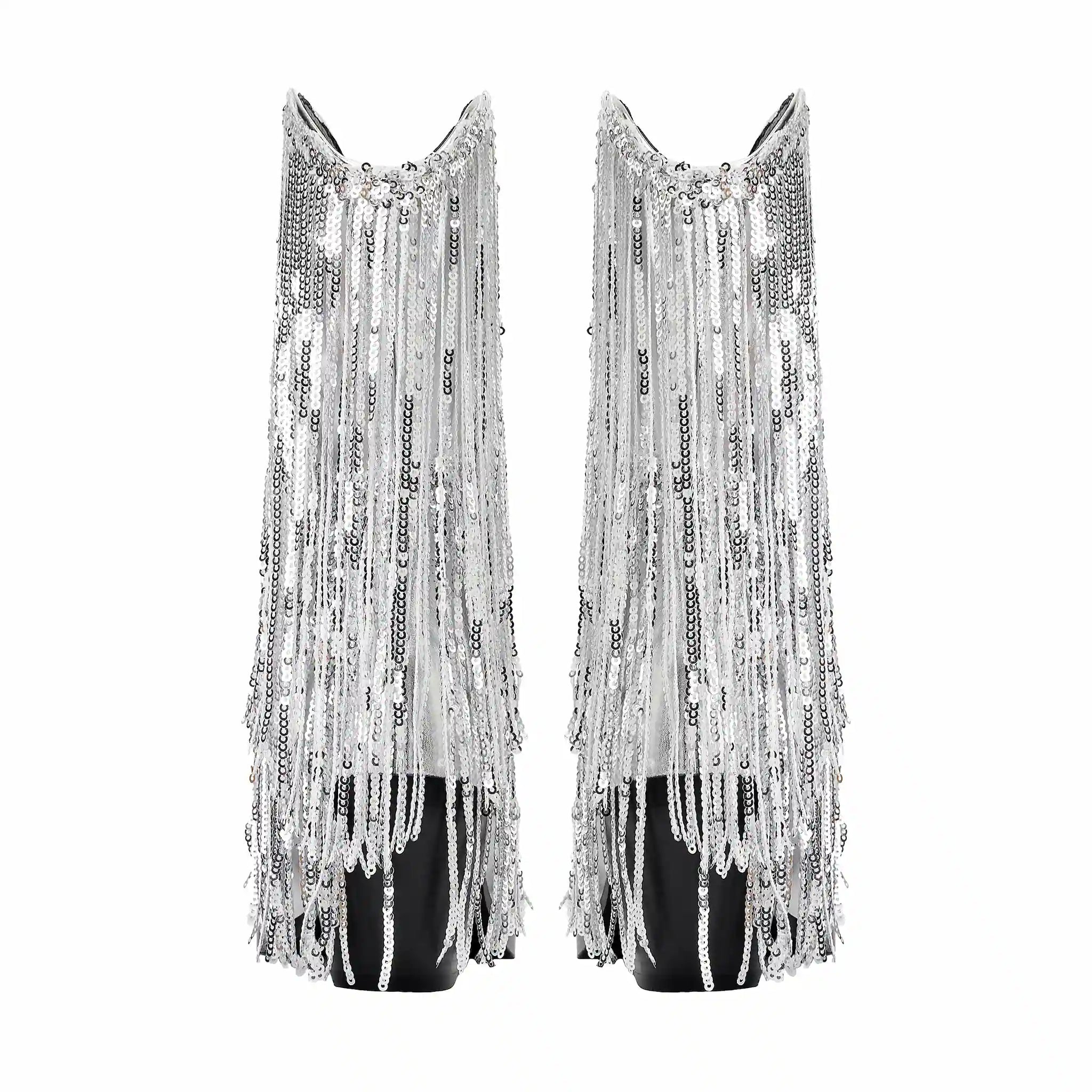 Women's Rhinestone Fringe Boots Sparkly Crystal Tassel Cowgirl Boots Pointed Toe Chunky Heel Mid Calf Bling Boots for Nightclub Party Wedding Festival Halloween Christmas Silver