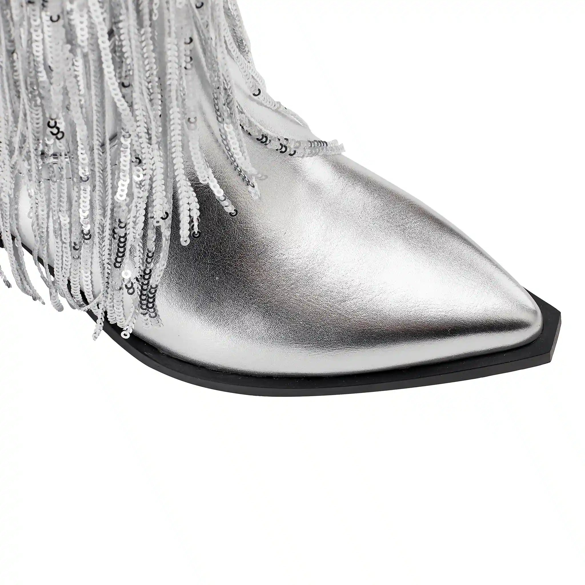 Women's Rhinestone Fringe Boots Sparkly Crystal Tassel Cowgirl Boots Pointed Toe Chunky Heel Mid Calf Bling Boots for Nightclub Party Wedding Festival Halloween Christmas Silver