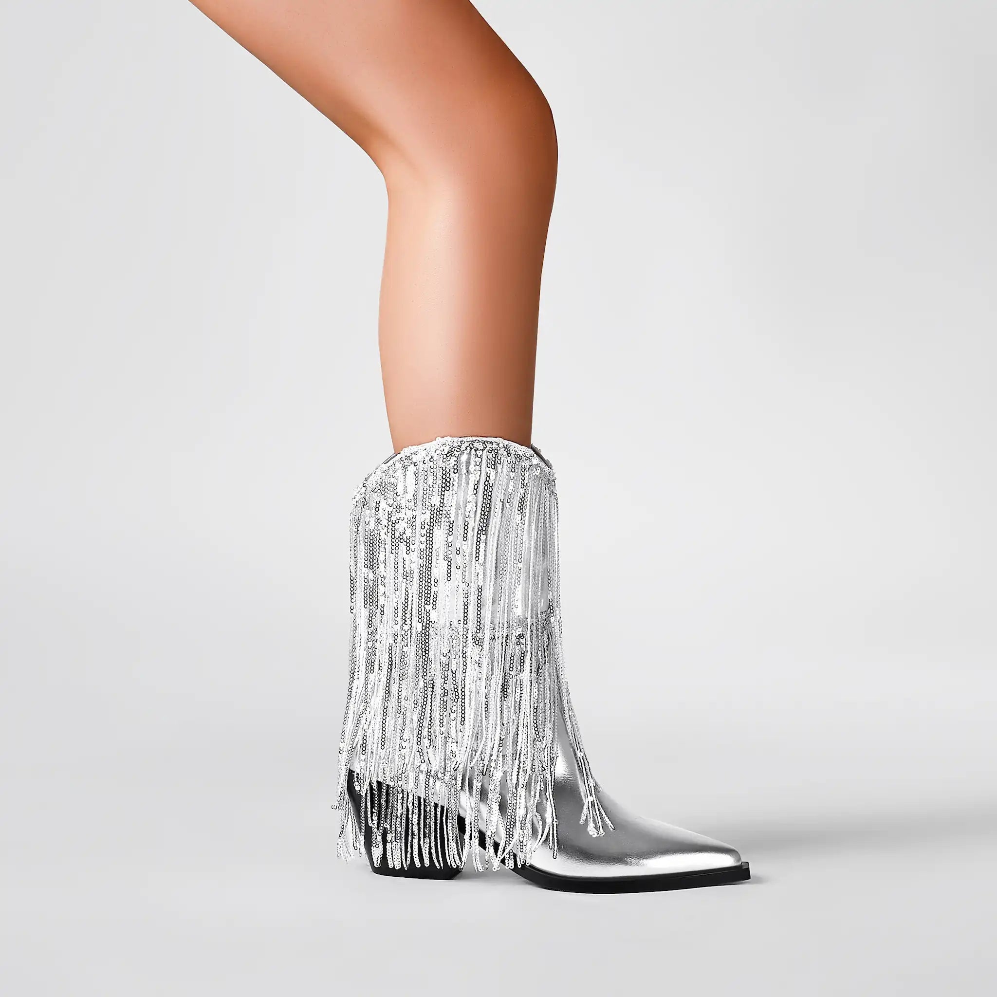 Women's Rhinestone Fringe Boots Sparkly Crystal Tassel Cowgirl Boots Pointed Toe Chunky Heel Mid Calf Bling Boots for Nightclub Party Wedding Festival Halloween Christmas Silver