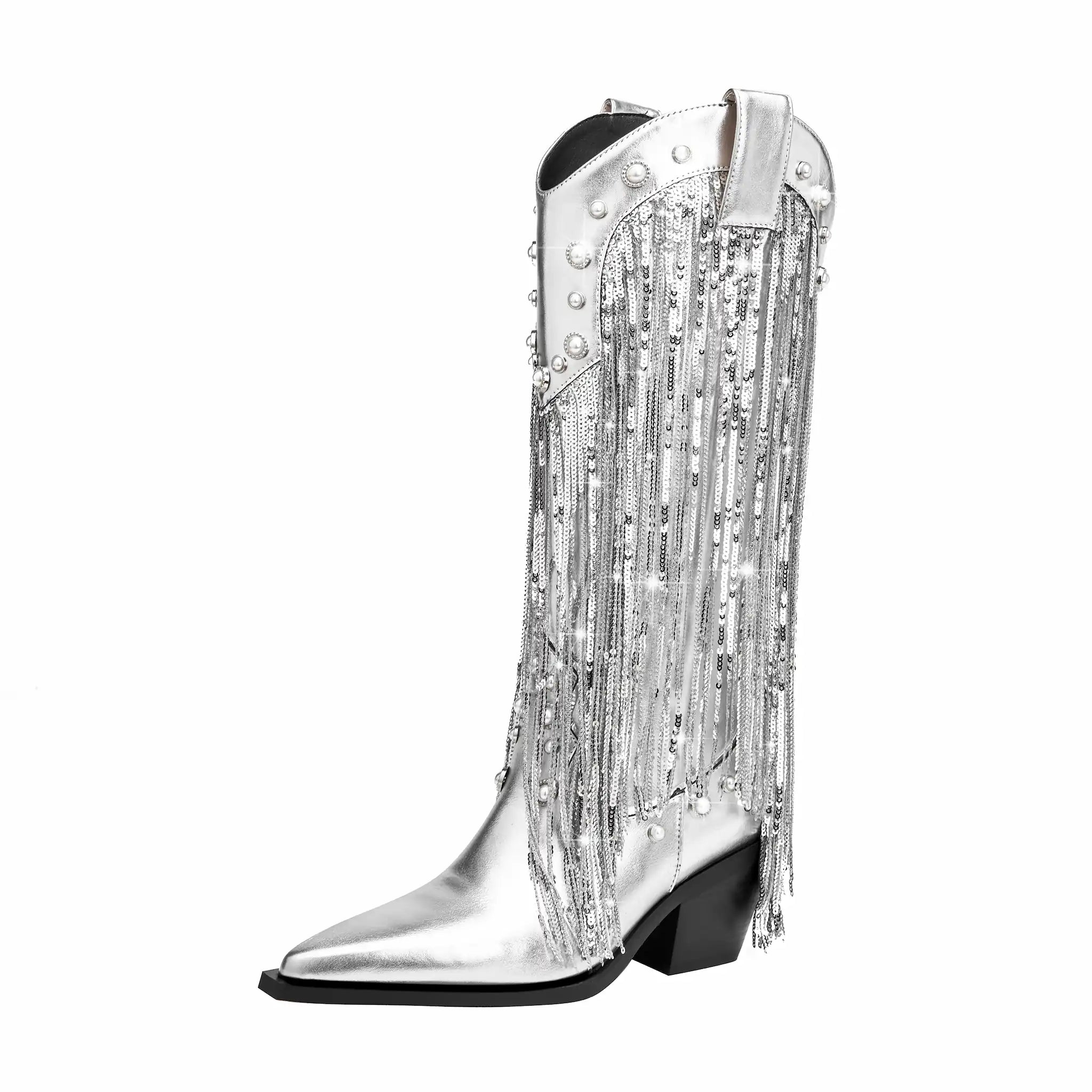 Women's Pearl Studded Fringe Boots Metallic Silver Rhinestone Chain Tassel Western Boots Pointed Toe Chunky Heel Mid-Calf Cowgirl Boots for Concert Party Festival Christmas