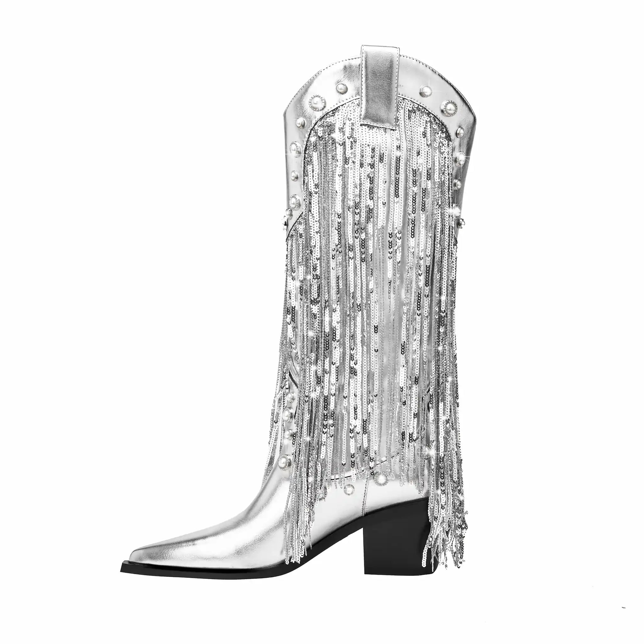 Women's Pearl Studded Fringe Boots Metallic Silver Rhinestone Chain Tassel Western Boots Pointed Toe Chunky Heel Mid-Calf Cowgirl Boots for Concert Party Festival Christmas