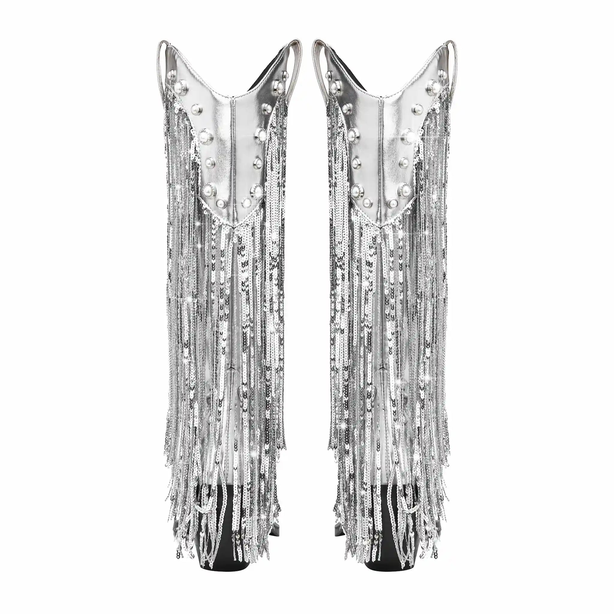 Women's Pearl Studded Fringe Boots Metallic Silver Rhinestone Chain Tassel Western Boots Pointed Toe Chunky Heel Mid-Calf Cowgirl Boots for Concert Party Festival Christmas