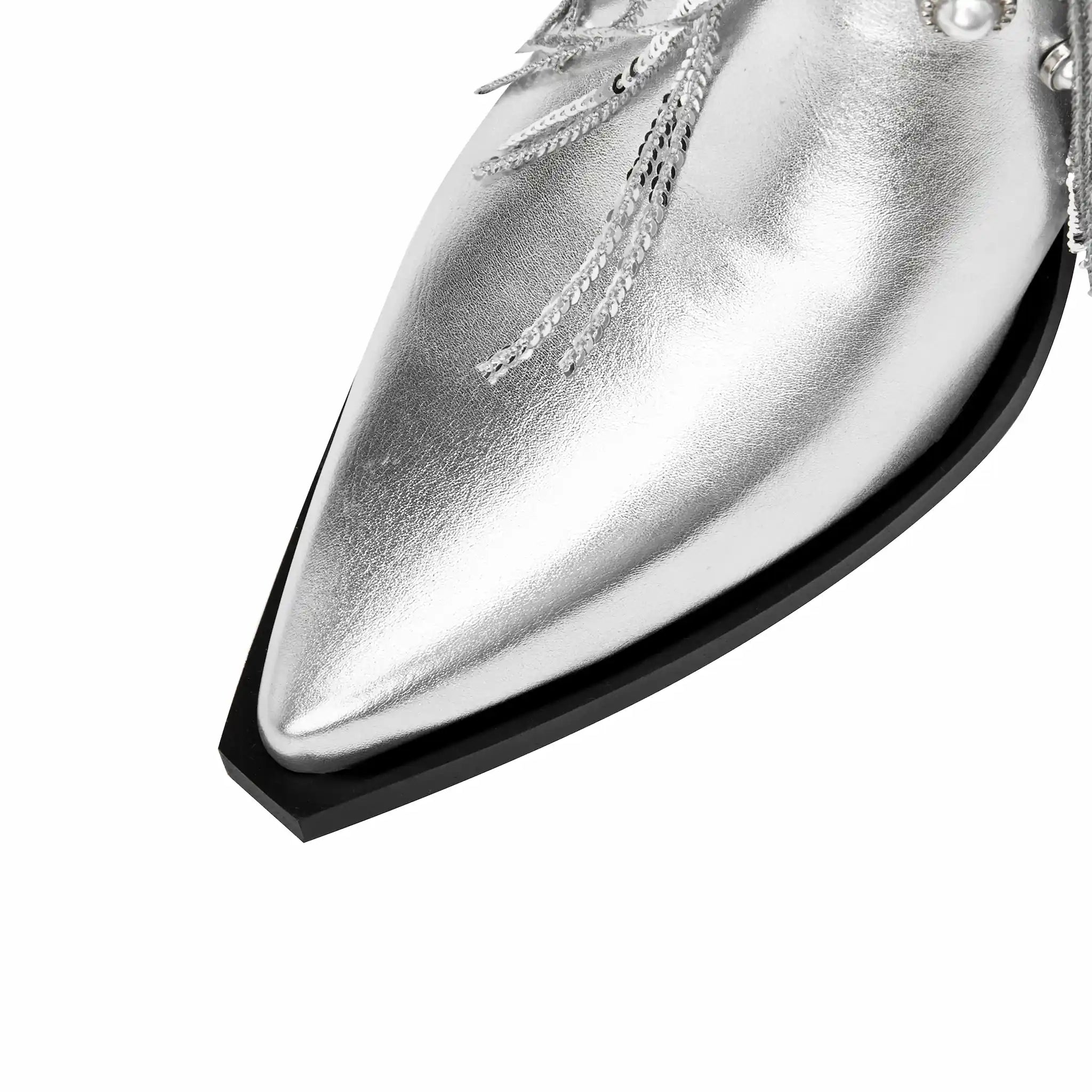 Women's Pearl Studded Fringe Boots Metallic Silver Rhinestone Chain Tassel Western Boots Pointed Toe Chunky Heel Mid-Calf Cowgirl Boots for Concert Party Festival Christmas