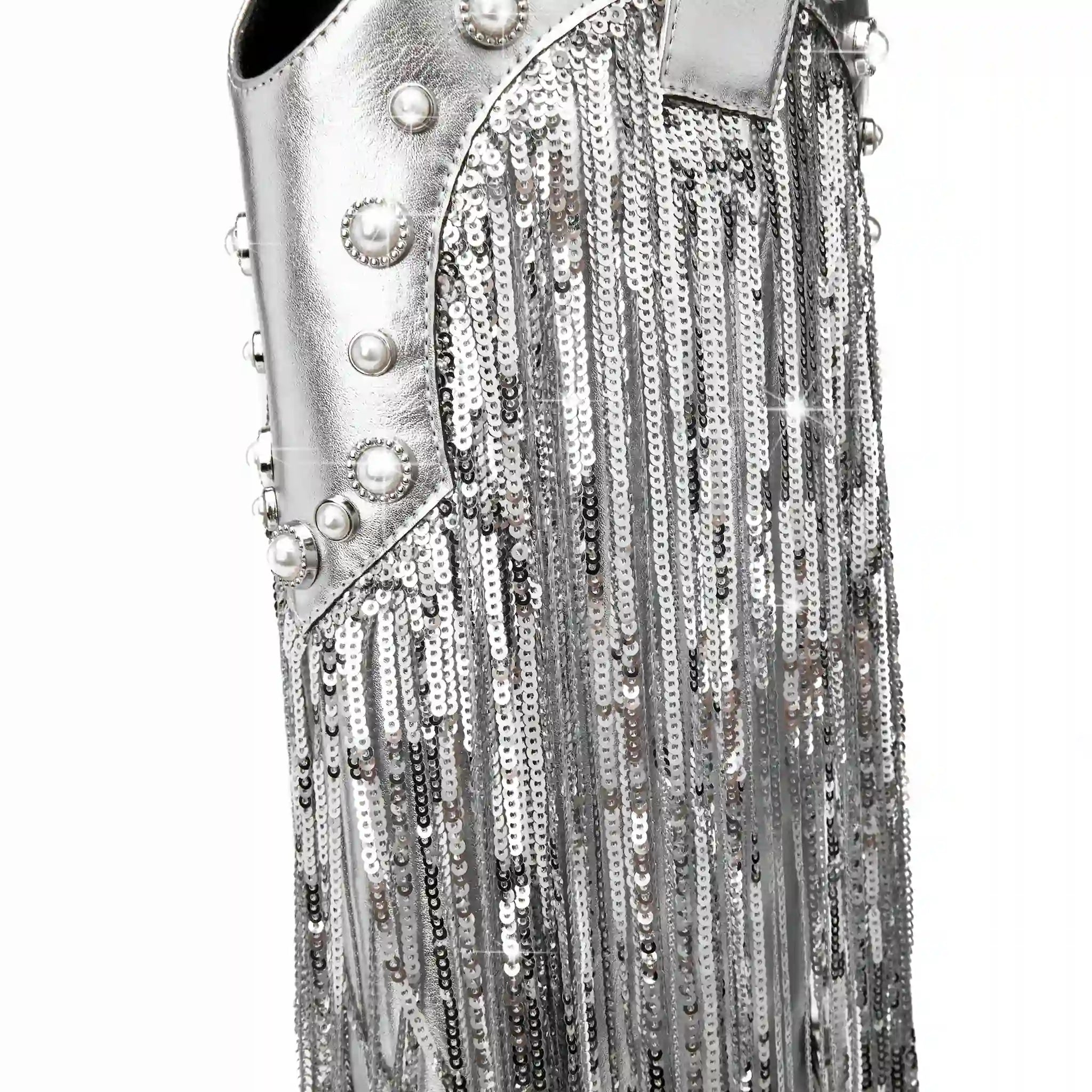 Women's Pearl Studded Fringe Boots Metallic Silver Rhinestone Chain Tassel Western Boots Pointed Toe Chunky Heel Mid-Calf Cowgirl Boots for Concert Party Festival Christmas