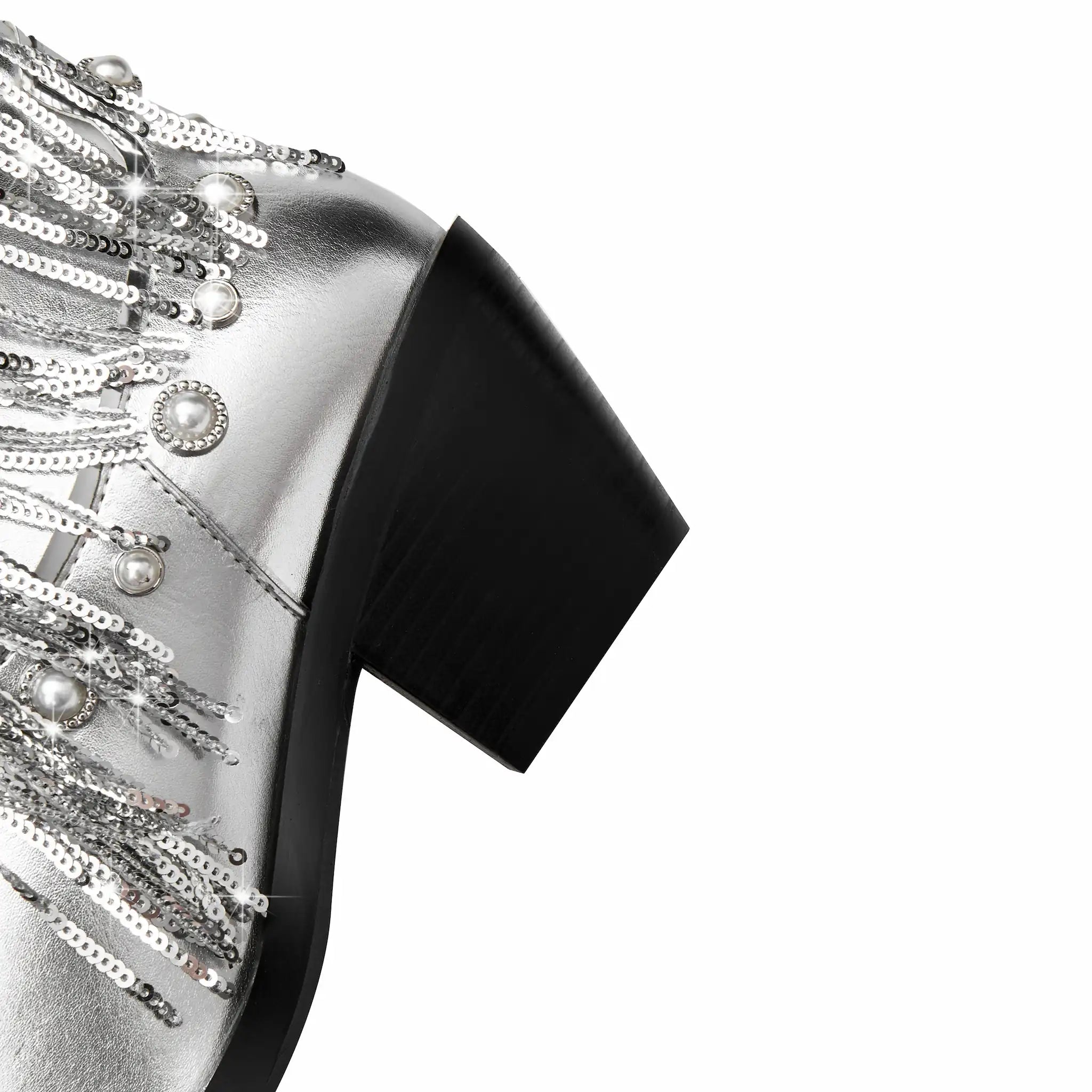 Women's Pearl Studded Fringe Boots Metallic Silver Rhinestone Chain Tassel Western Boots Pointed Toe Chunky Heel Mid-Calf Cowgirl Boots for Concert Party Festival Christmas