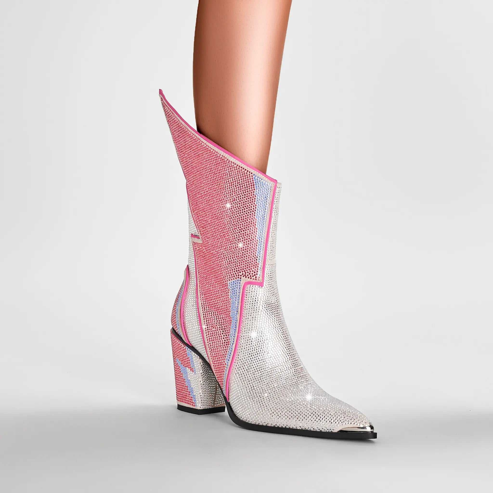 Women's Lightning Bolt Rhinestone Boots Sparkly Pink Silver Crystal Cowgirl Boots Pointed Toe Chunky Heel Tall Shaft Bling Western Boots for Concert Festival Christmas New Year