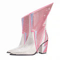Women's Lightning Bolt Rhinestone Boots Sparkly Pink Silver Crystal Cowgirl Boots Pointed Toe Chunky Heel Tall Shaft Bling Western Boots for Concert Festival Christmas New Year