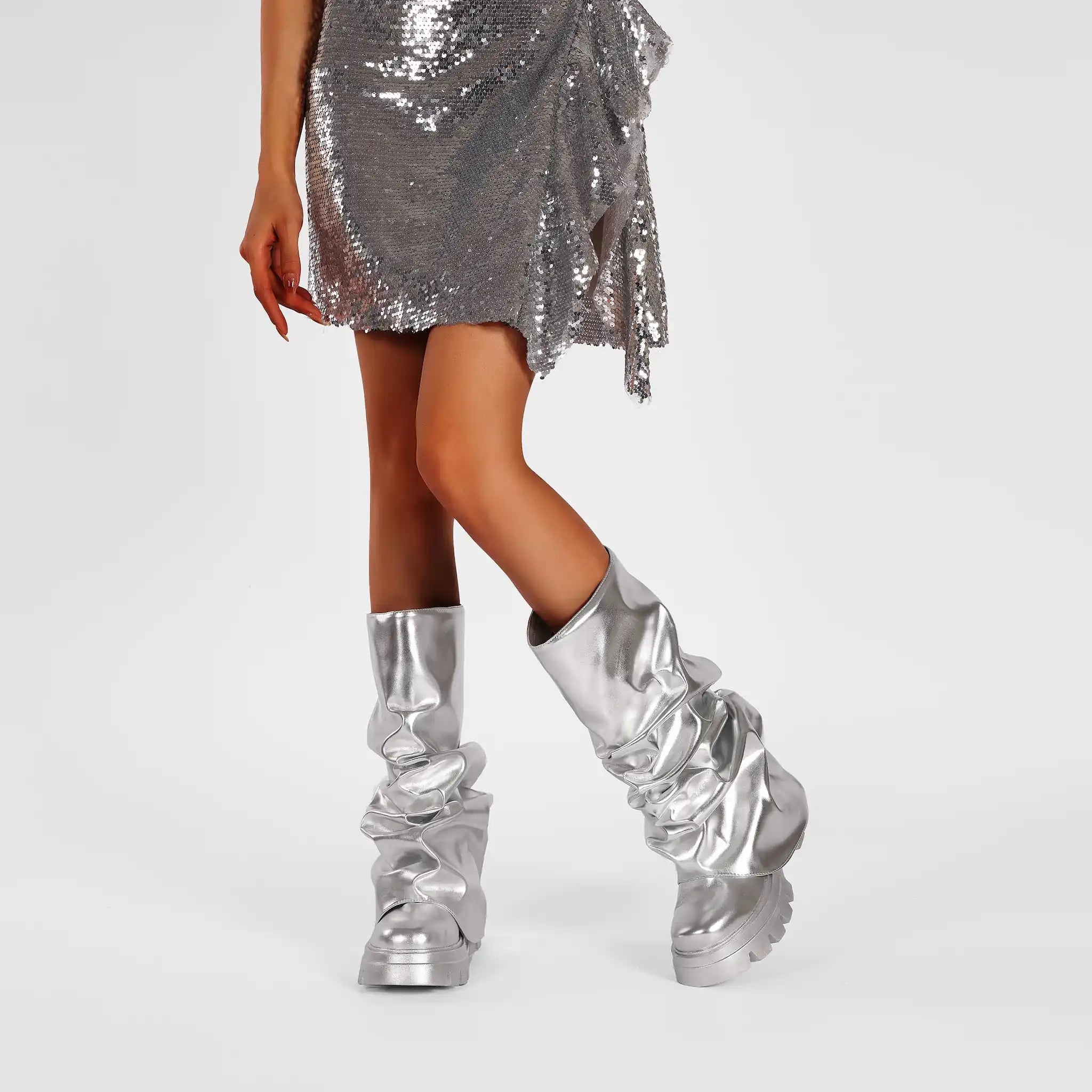 Women's Metallic Slouch Boots Shiny Mirror Pink Silver Ruched Platform Combat Boots Round Toe Chunky Lug Sole Mid Calf Y2K Cyberpunk Rave Party Festival Boots