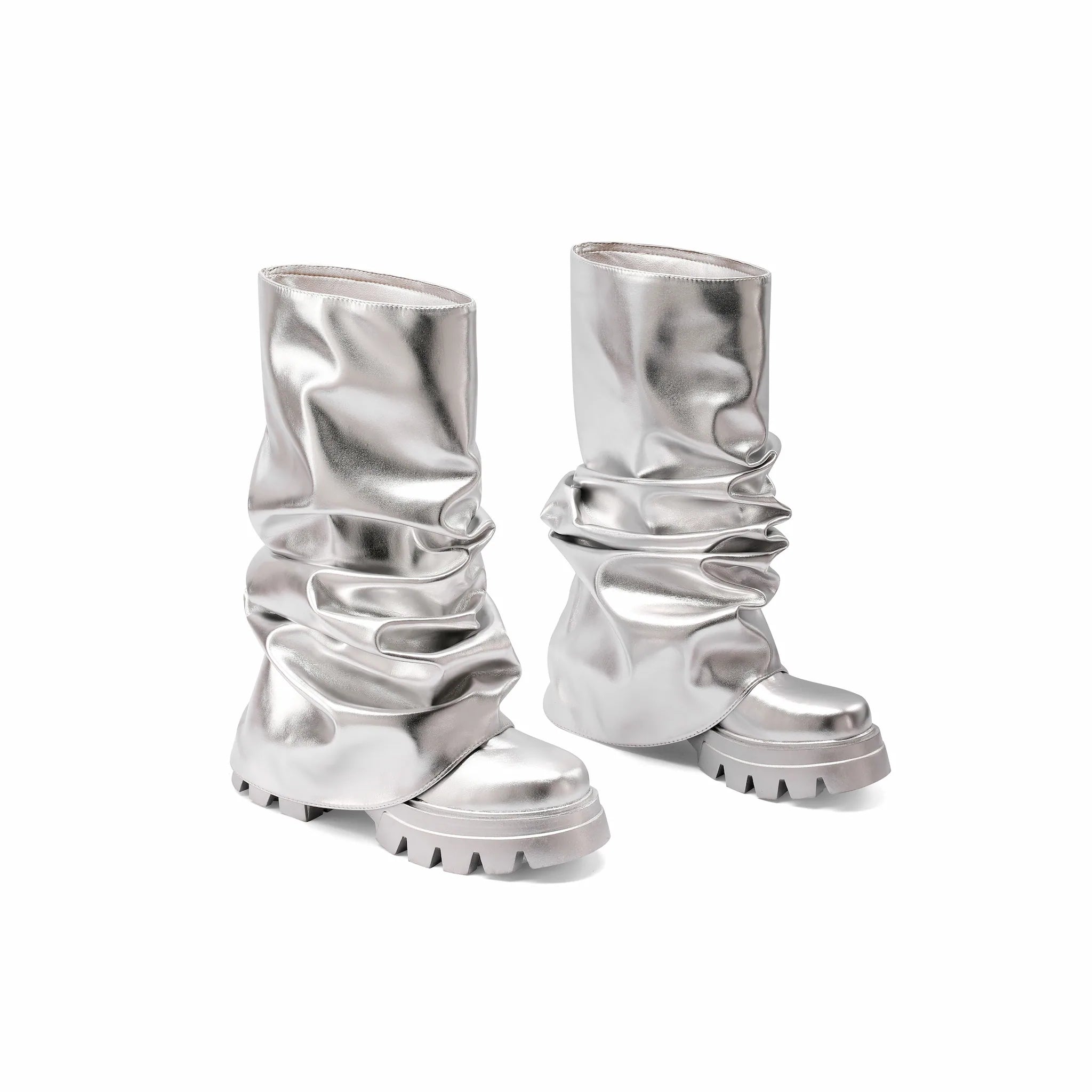 Women's Metallic Slouch Boots Shiny Mirror Pink Silver Ruched Platform Combat Boots Round Toe Chunky Lug Sole Mid Calf Y2K Cyberpunk Rave Party Festival Boots