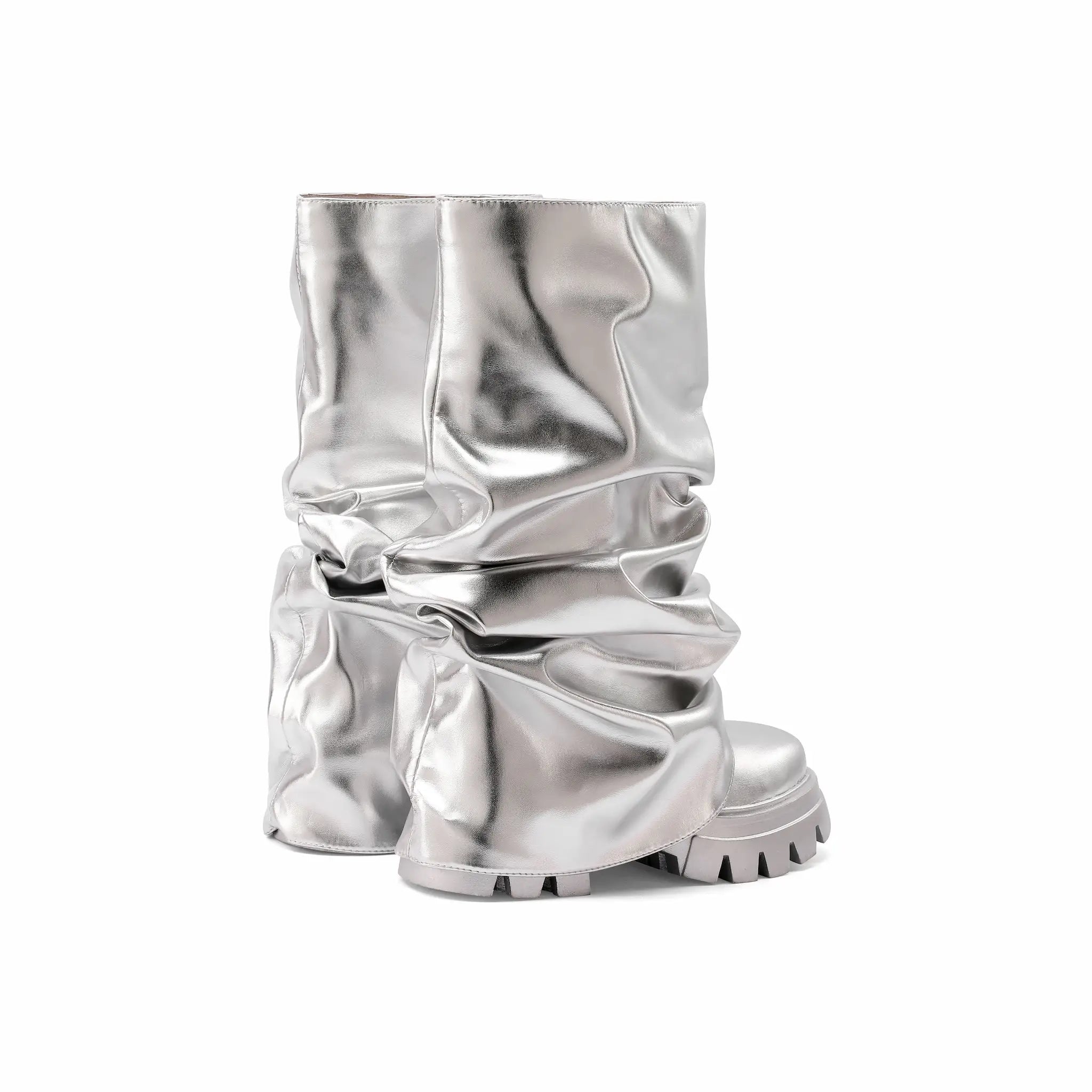 Women's Metallic Slouch Boots Shiny Mirror Pink Silver Ruched Platform Combat Boots Round Toe Chunky Lug Sole Mid Calf Y2K Cyberpunk Rave Party Festival Boots