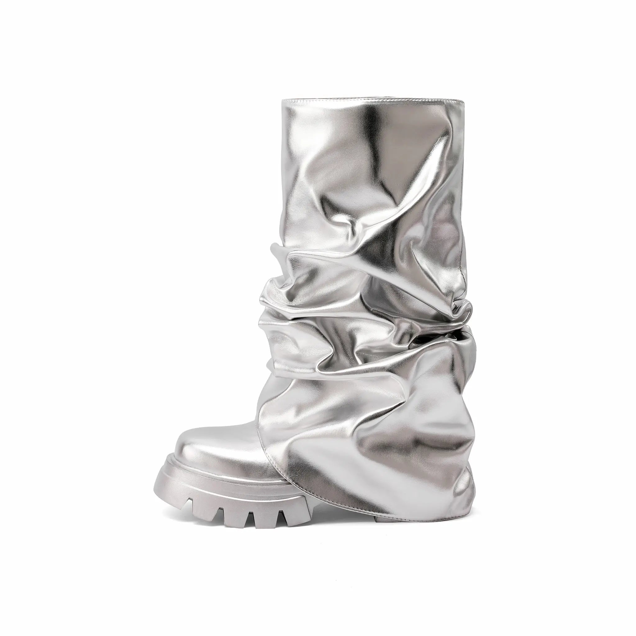 Women's Metallic Slouch Boots Shiny Mirror Pink Silver Ruched Platform Combat Boots Round Toe Chunky Lug Sole Mid Calf Y2K Cyberpunk Rave Party Festival Boots