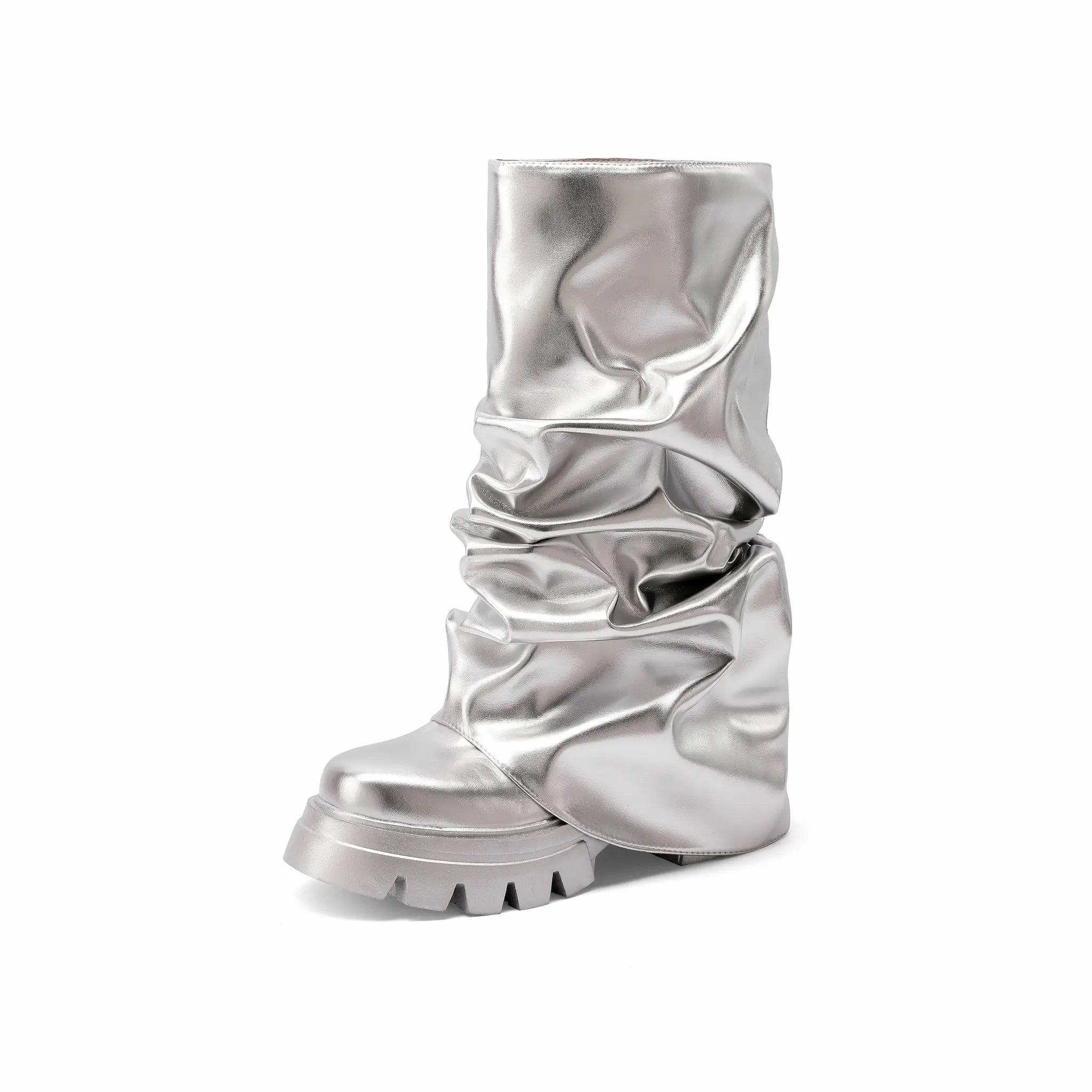 Women's Metallic Slouch Boots Shiny Mirror Pink Silver Ruched Platform Combat Boots Round Toe Chunky Lug Sole Mid Calf Y2K Cyberpunk Rave Party Festival Boots