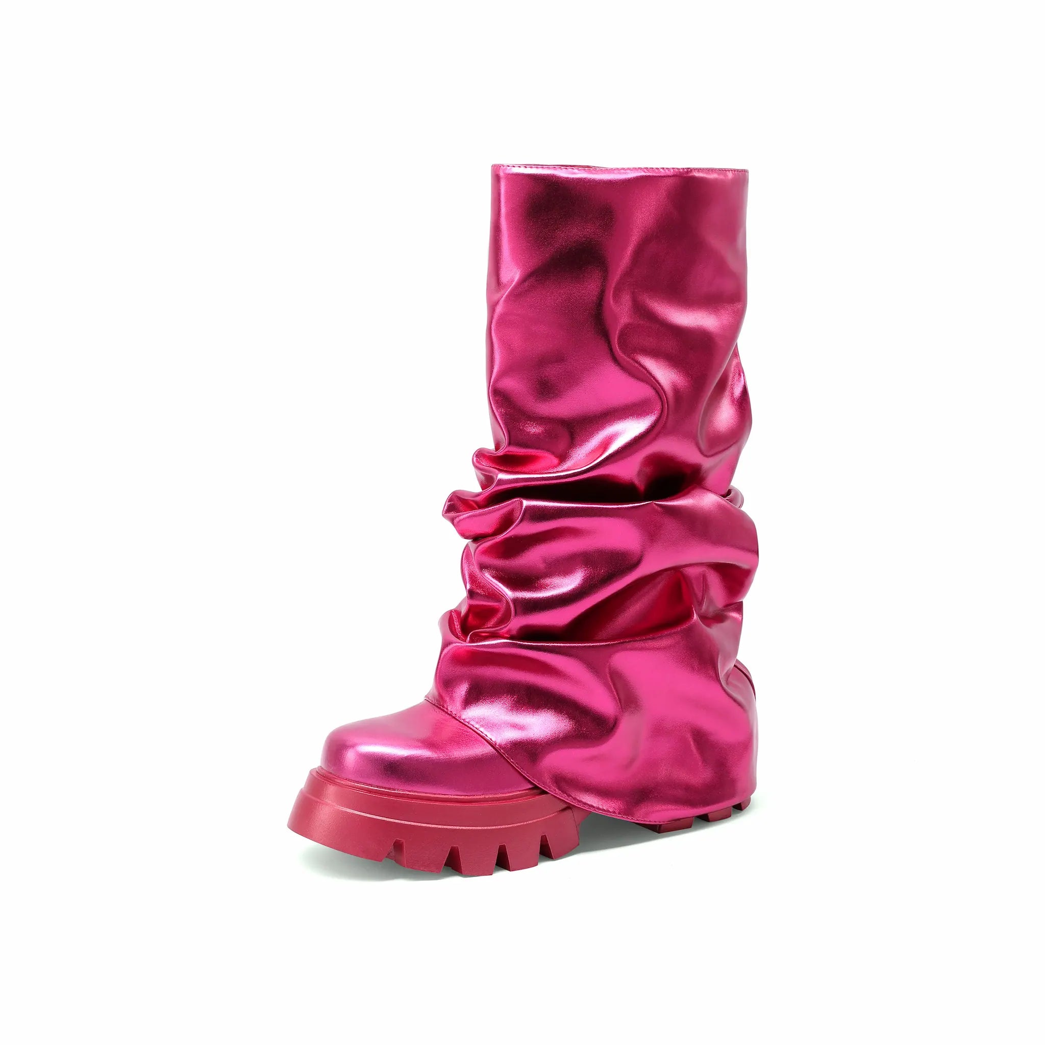 Women's Metallic Slouch Boots Shiny Mirror Pink Silver Ruched Platform Combat Boots Round Toe Chunky Lug Sole Mid Calf Y2K Cyberpunk Rave Party Festival Boots
