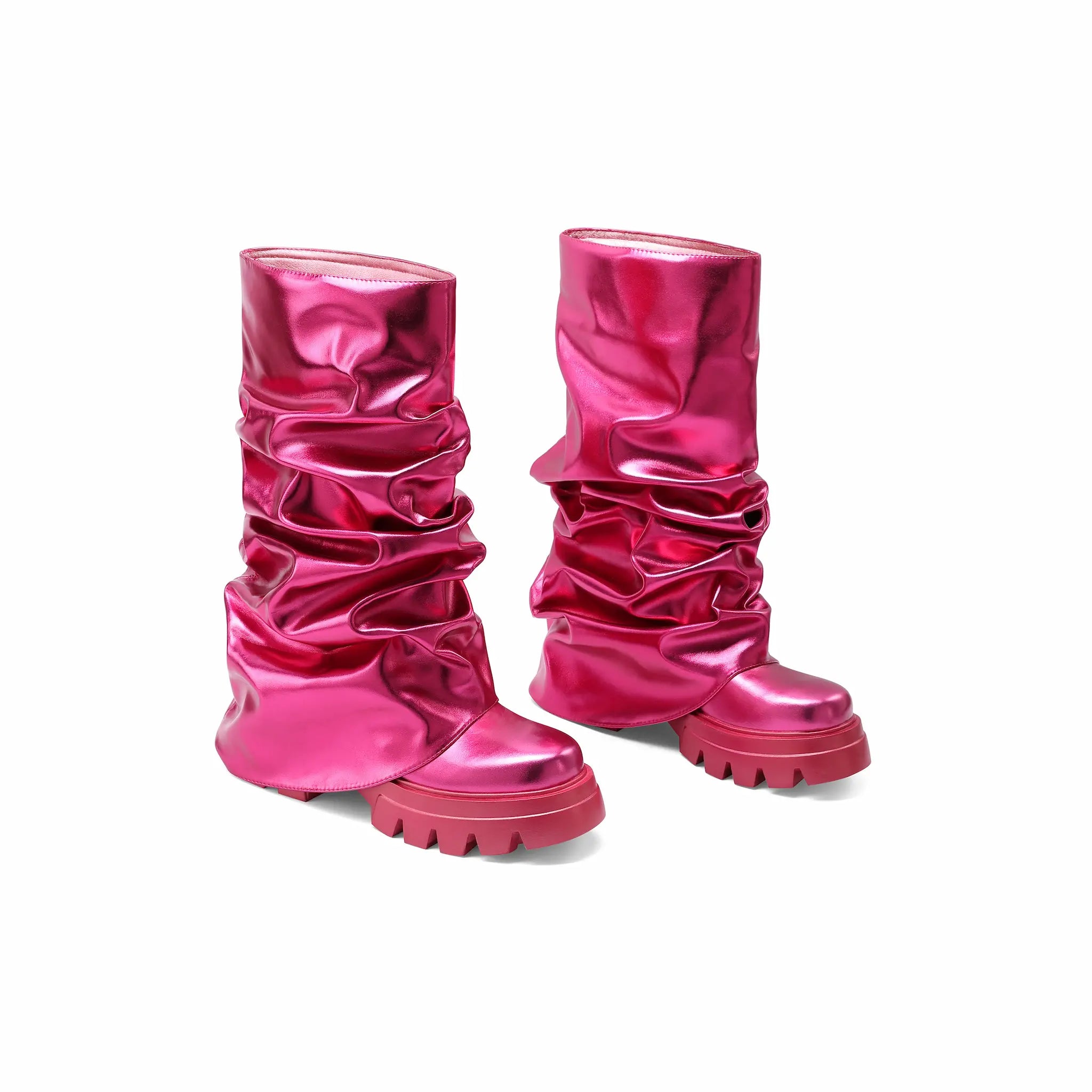 Women's Metallic Slouch Boots Shiny Mirror Pink Silver Ruched Platform Combat Boots Round Toe Chunky Lug Sole Mid Calf Y2K Cyberpunk Rave Party Festival Boots