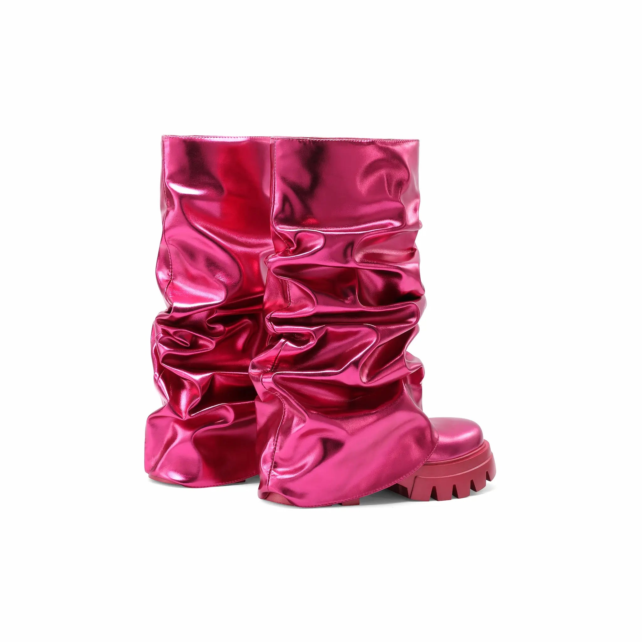 Women's Metallic Slouch Boots Shiny Mirror Pink Silver Ruched Platform Combat Boots Round Toe Chunky Lug Sole Mid Calf Y2K Cyberpunk Rave Party Festival Boots