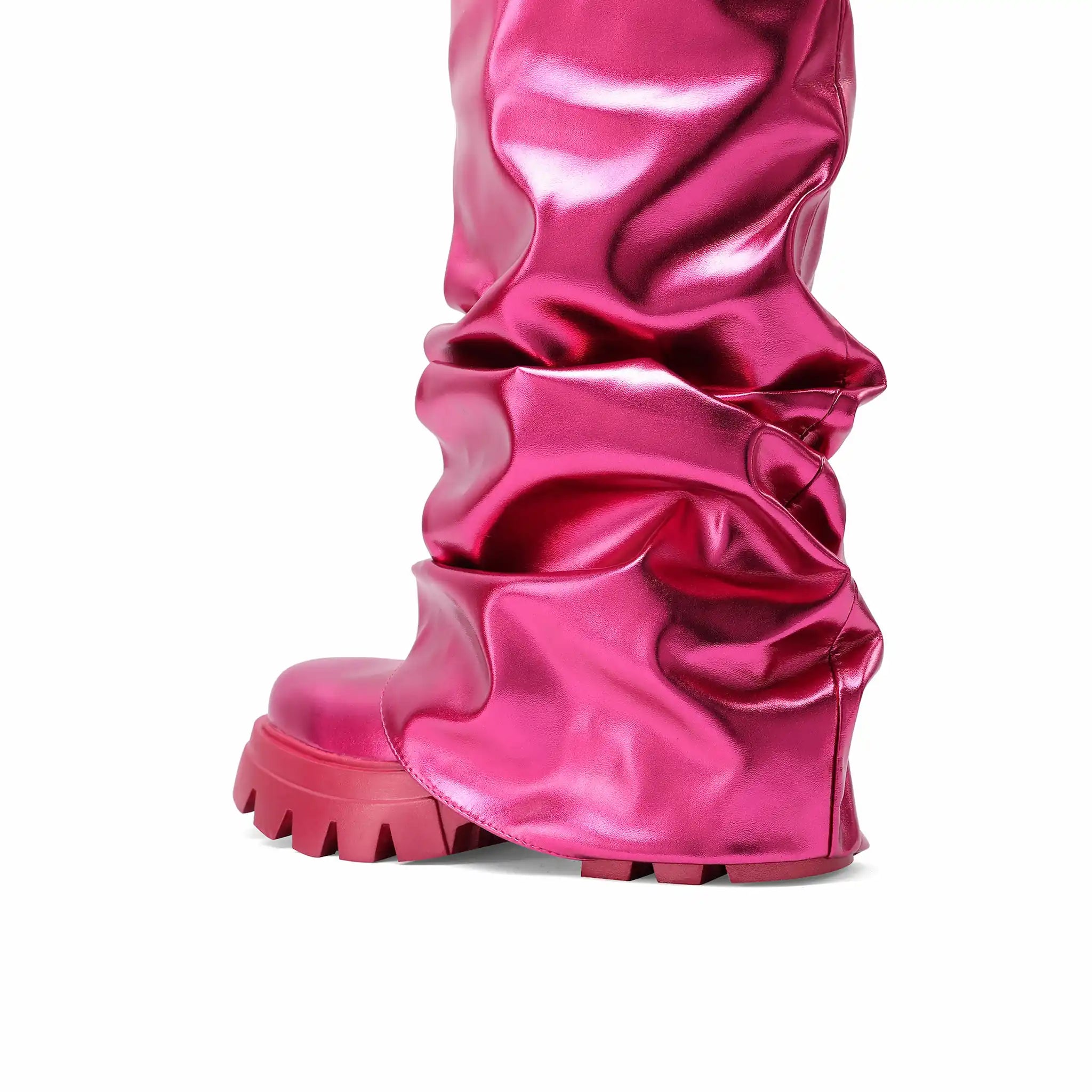 Women's Metallic Slouch Boots Shiny Mirror Pink Silver Ruched Platform Combat Boots Round Toe Chunky Lug Sole Mid Calf Y2K Cyberpunk Rave Party Festival Boots