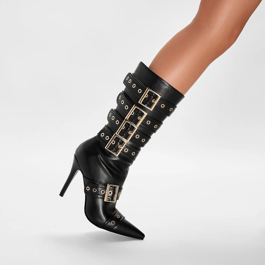 Women's Buckle Strap Knee High Boots Pointed Toe Stiletto Heel Black Punk Gothic Multi-Buckle Tall Boots with Metal Rings