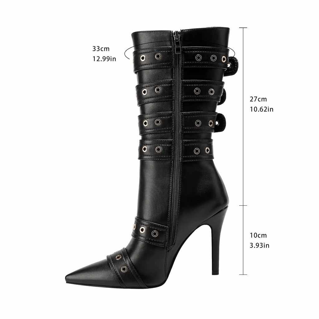 Women's Buckle Strap Knee High Boots Pointed Toe Stiletto Heel Black Punk Gothic Multi-Buckle Tall Boots with Metal Rings