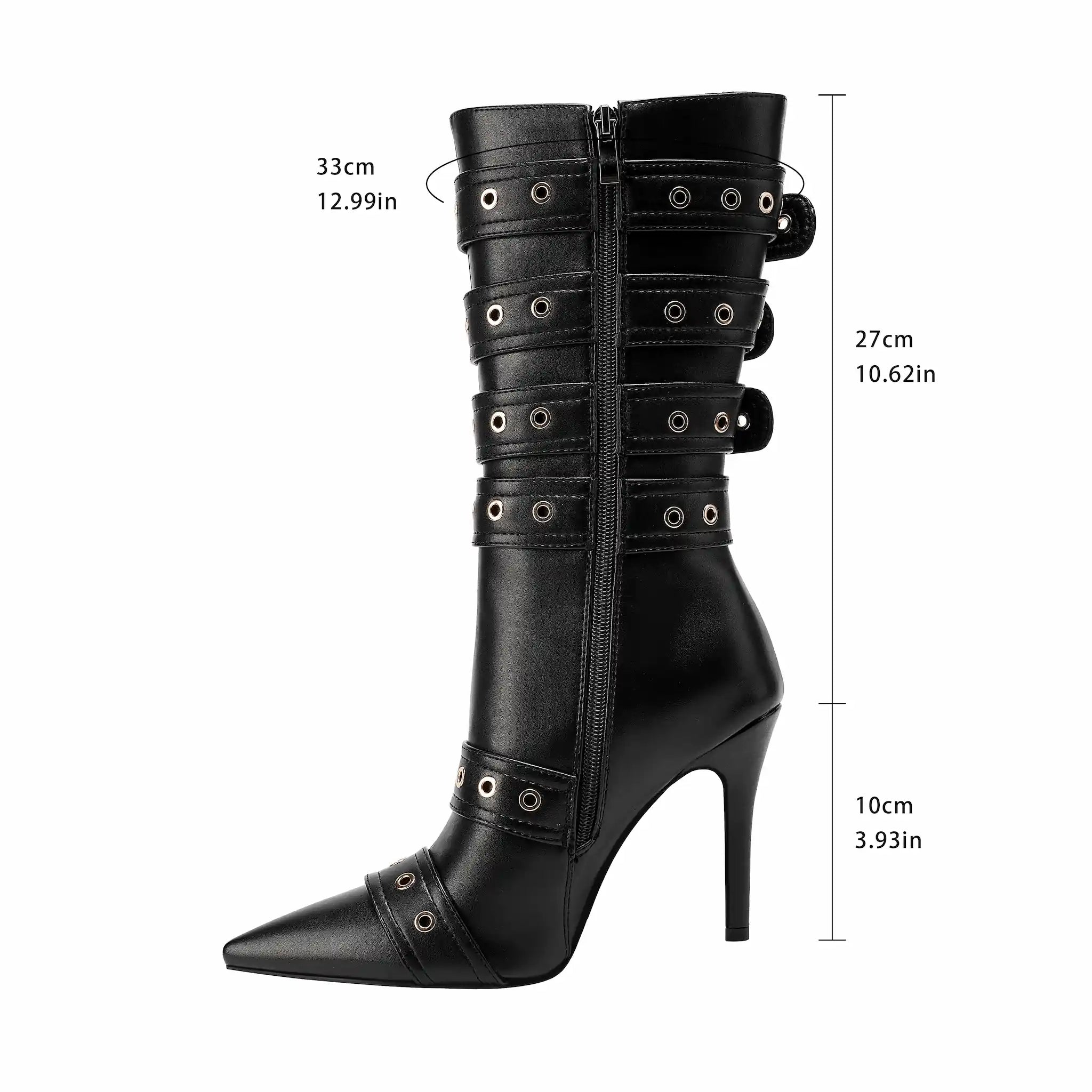 Women's Buckle Strap Knee High Boots Pointed Toe Stiletto Heel Black Punk Gothic Multi-Buckle Tall Boots with Metal Rings