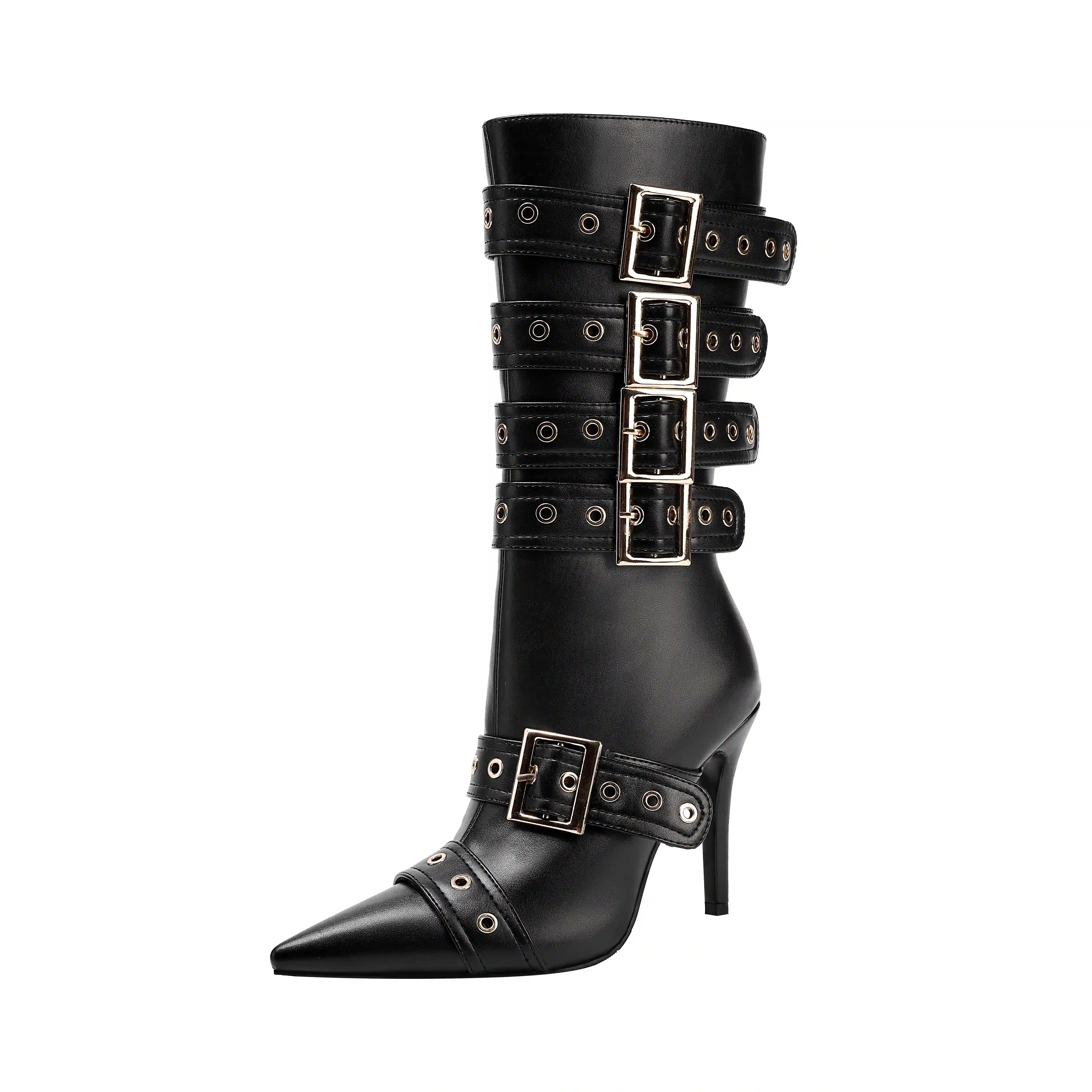 Women's Buckle Strap Knee High Boots Pointed Toe Stiletto Heel Black Punk Gothic Multi-Buckle Tall Boots with Metal Rings