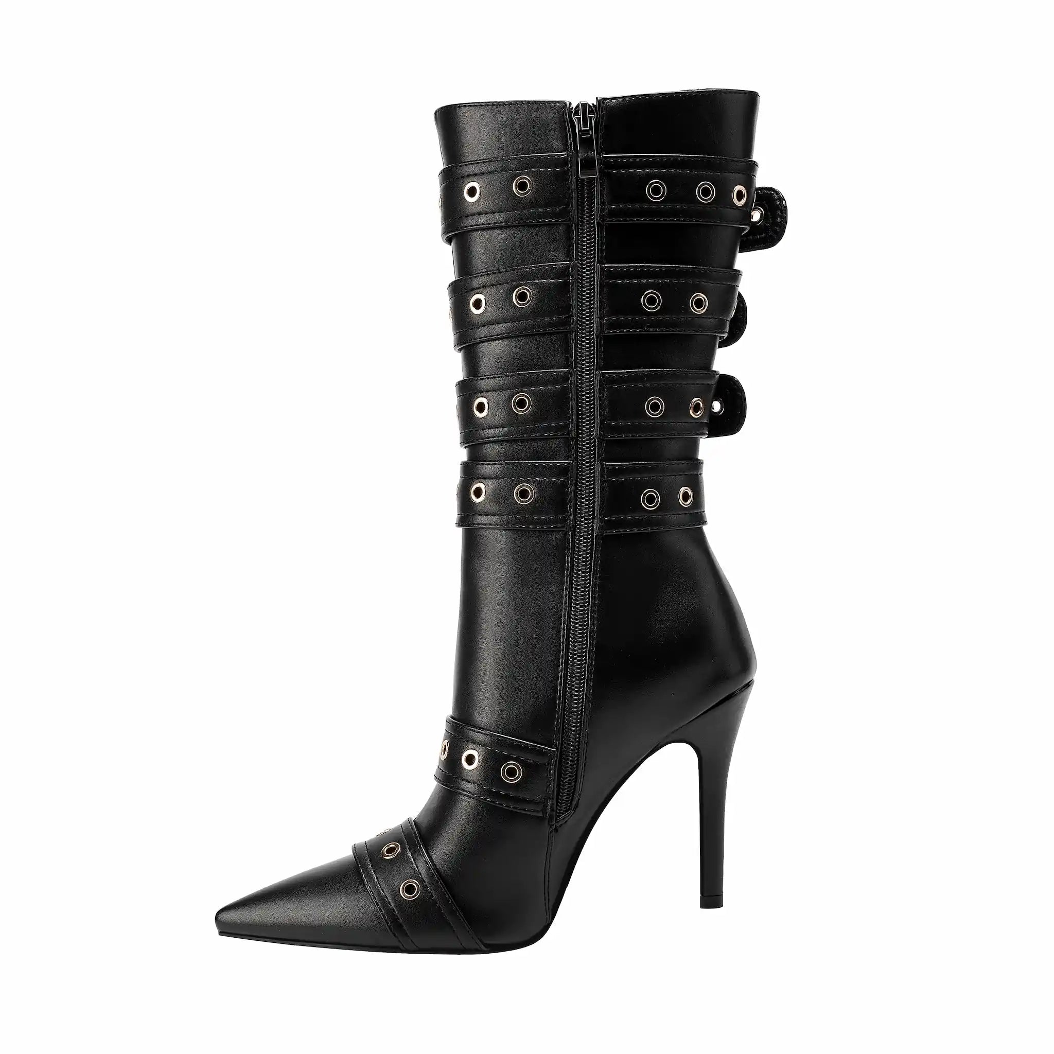 Women's Buckle Strap Knee High Boots Pointed Toe Stiletto Heel Black Punk Gothic Multi-Buckle Tall Boots with Metal Rings