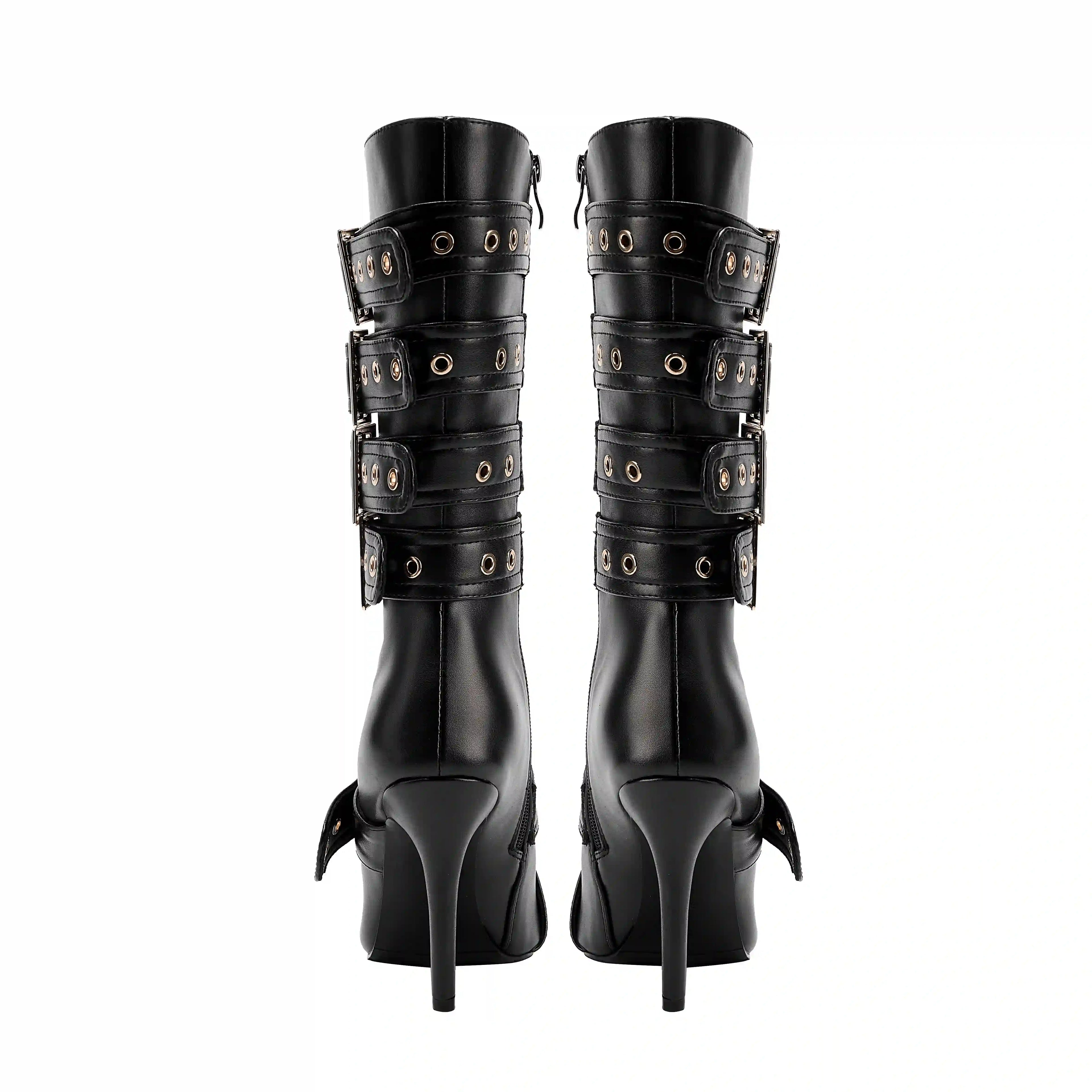 Women's Buckle Strap Knee High Boots Pointed Toe Stiletto Heel Black Punk Gothic Multi-Buckle Tall Boots with Metal Rings