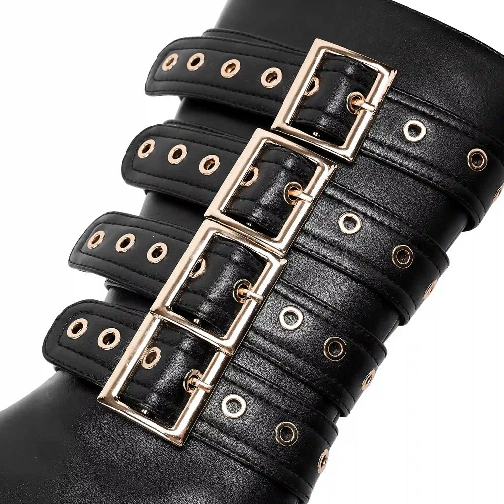 Women's Buckle Strap Knee High Boots Pointed Toe Stiletto Heel Black Punk Gothic Multi-Buckle Tall Boots with Metal Rings