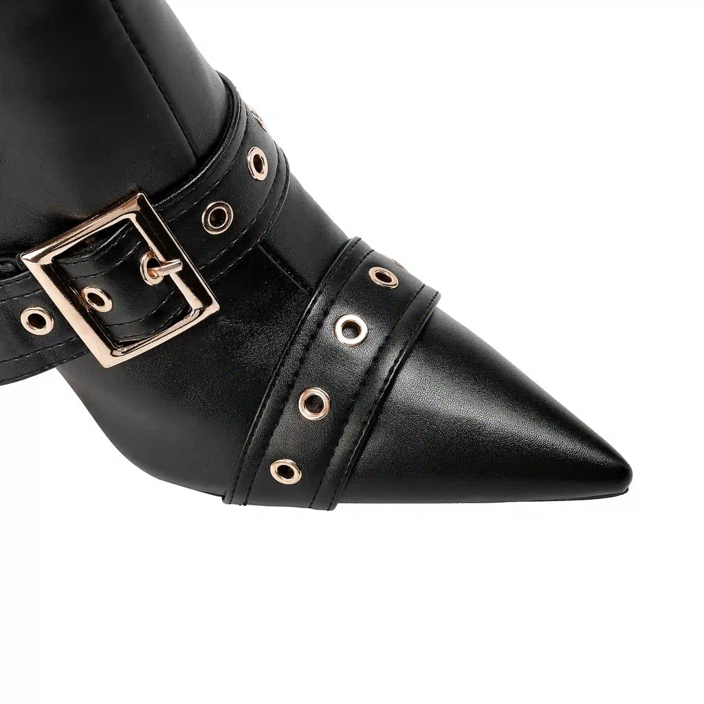 Women's Buckle Strap Knee High Boots Pointed Toe Stiletto Heel Black Punk Gothic Multi-Buckle Tall Boots with Metal Rings