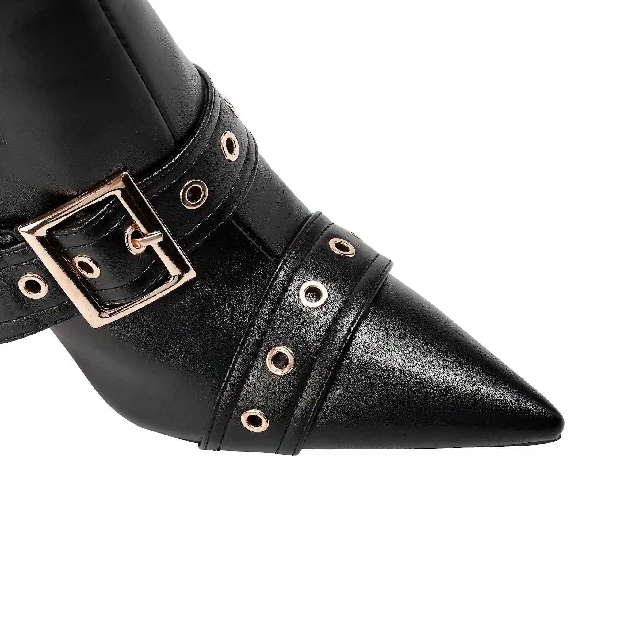 Women's Buckle Strap Knee High Boots Pointed Toe Stiletto Heel Black Punk Gothic Multi-Buckle Tall Boots with Metal Rings