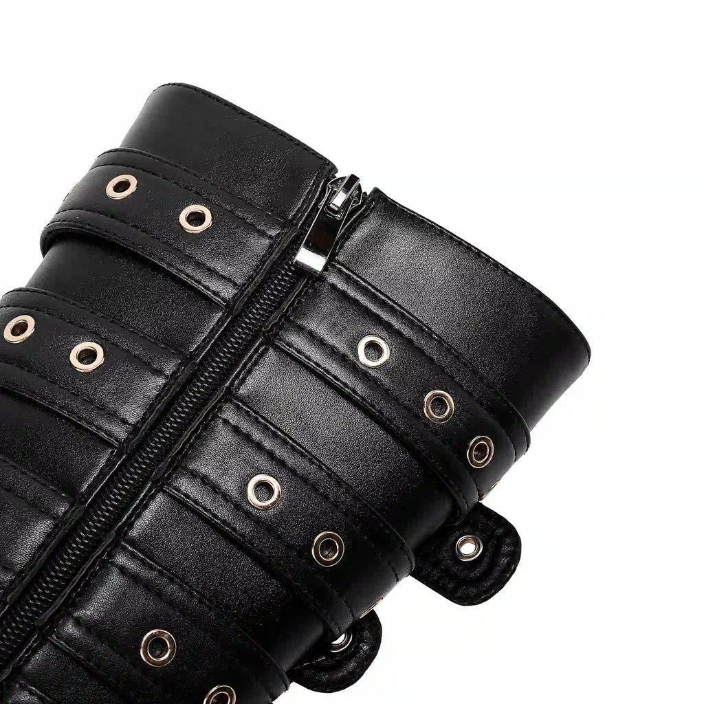 Women's Buckle Strap Knee High Boots Pointed Toe Stiletto Heel Black Punk Gothic Multi-Buckle Tall Boots with Metal Rings