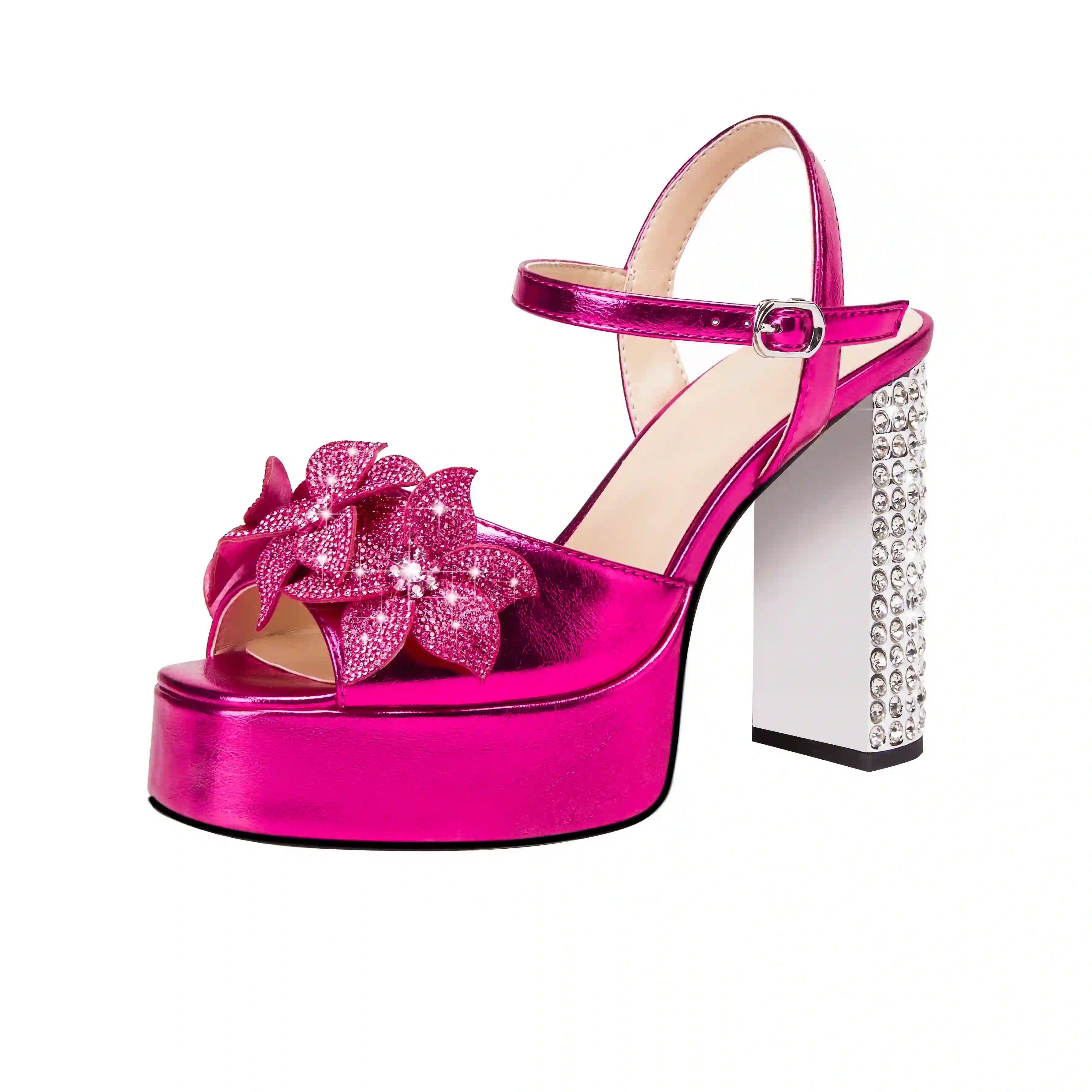 Hot Pink Crystal Platform Heels – Metallic Barbie Rhinestone Block Heel Sandals