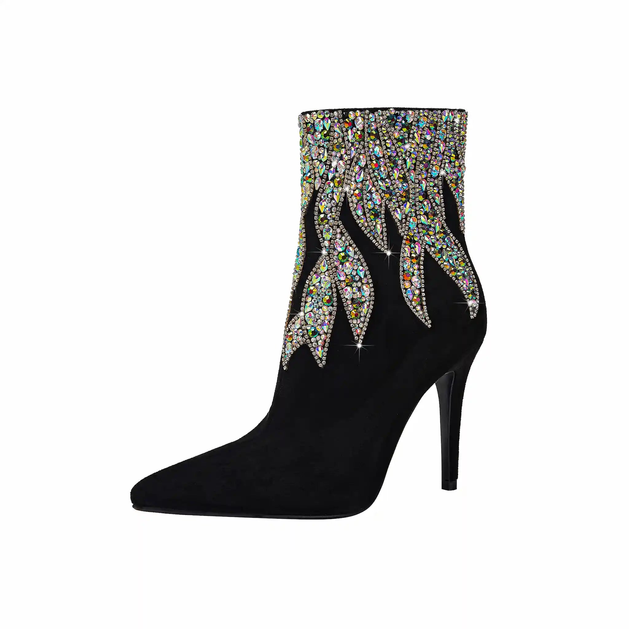 Dazzling Black Stiletto Ankle Boots with Multi-Color Crystal Flame Accents