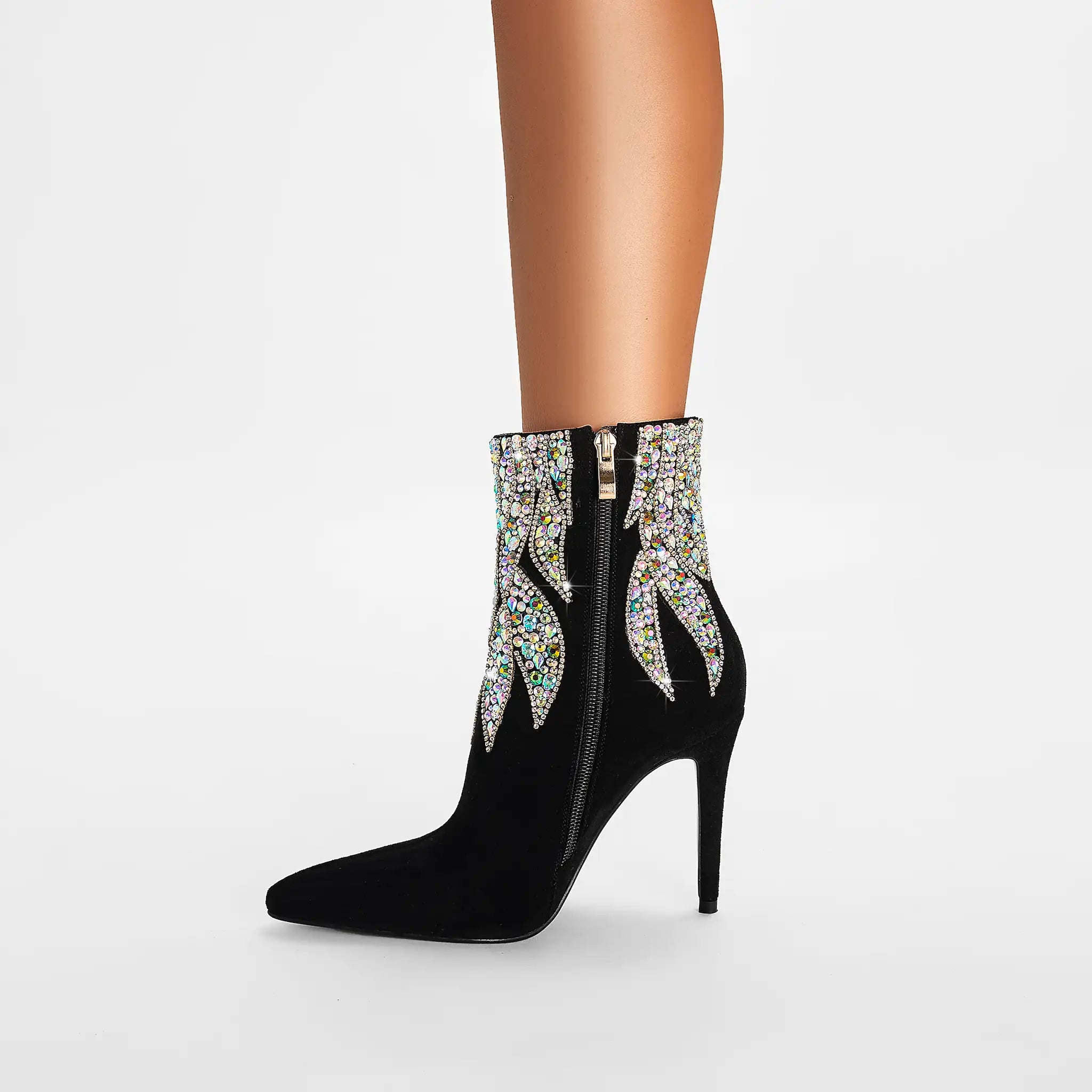 Dazzling Black Stiletto Ankle Boots with Multi-Color Crystal Flame Accents
