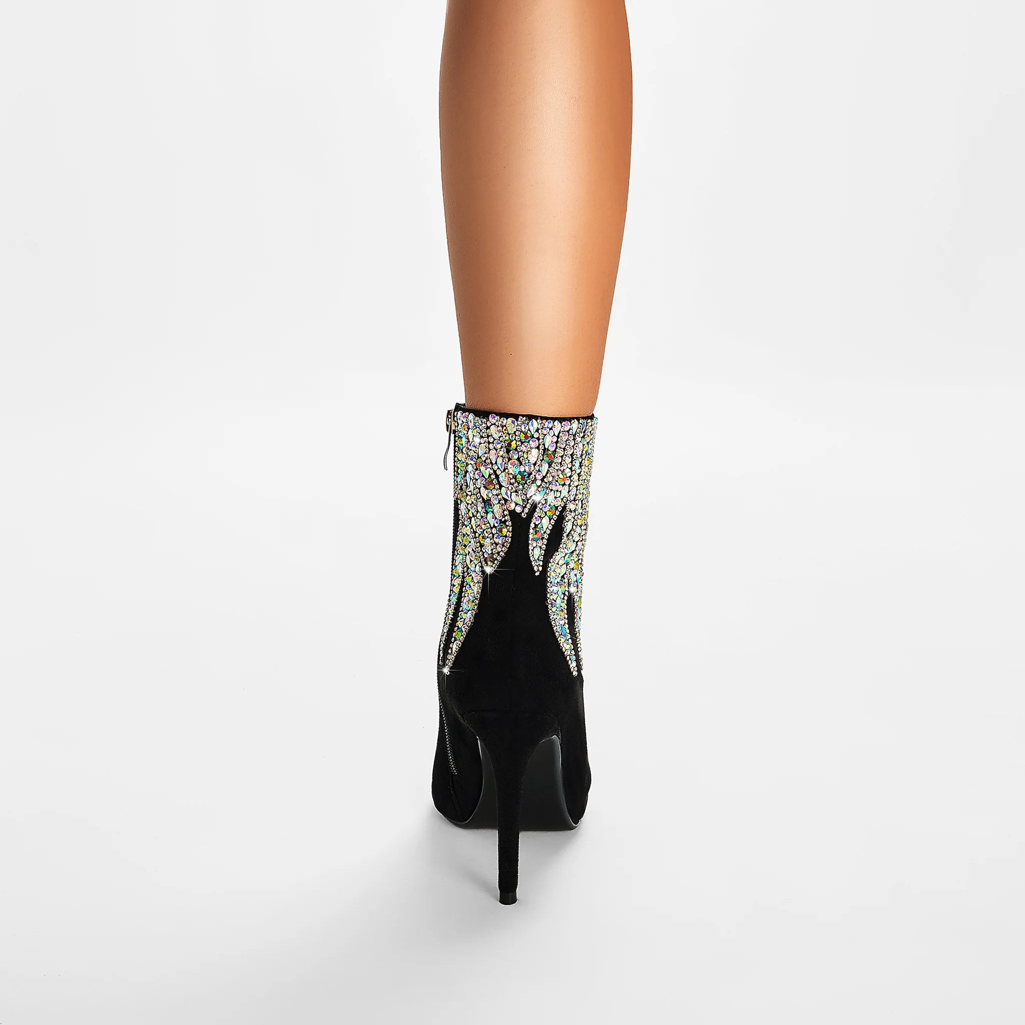 Dazzling Black Stiletto Ankle Boots with Multi-Color Crystal Flame Accents