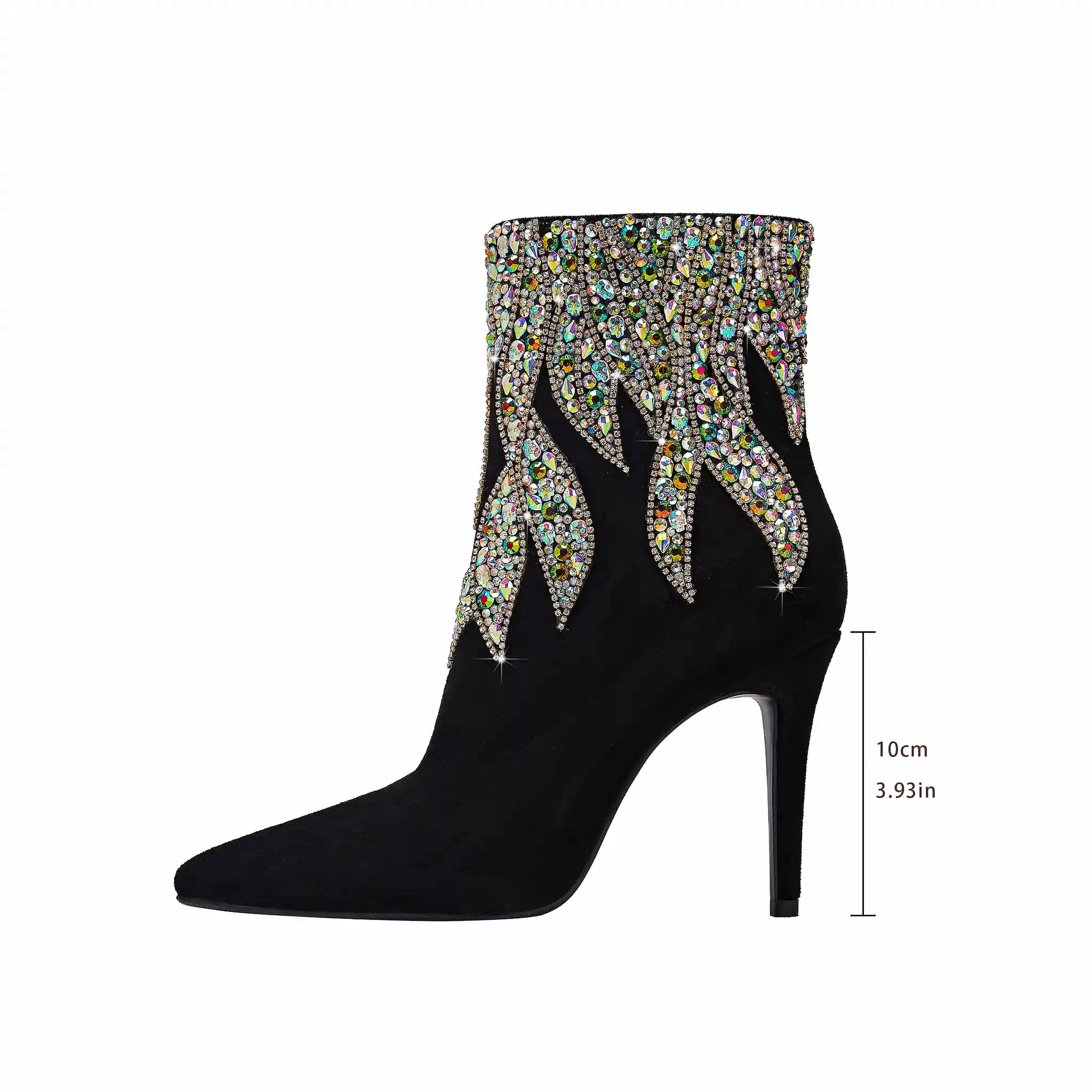 Dazzling Black Stiletto Ankle Boots with Multi-Color Crystal Flame Accents