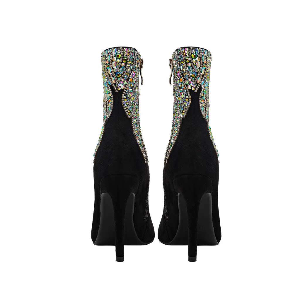 Dazzling Black Stiletto Ankle Boots with Multi-Color Crystal Flame Accents