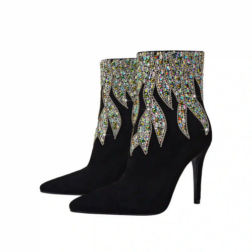 Dazzling Black Stiletto Ankle Boots with Multi-Color Crystal Flame Accents