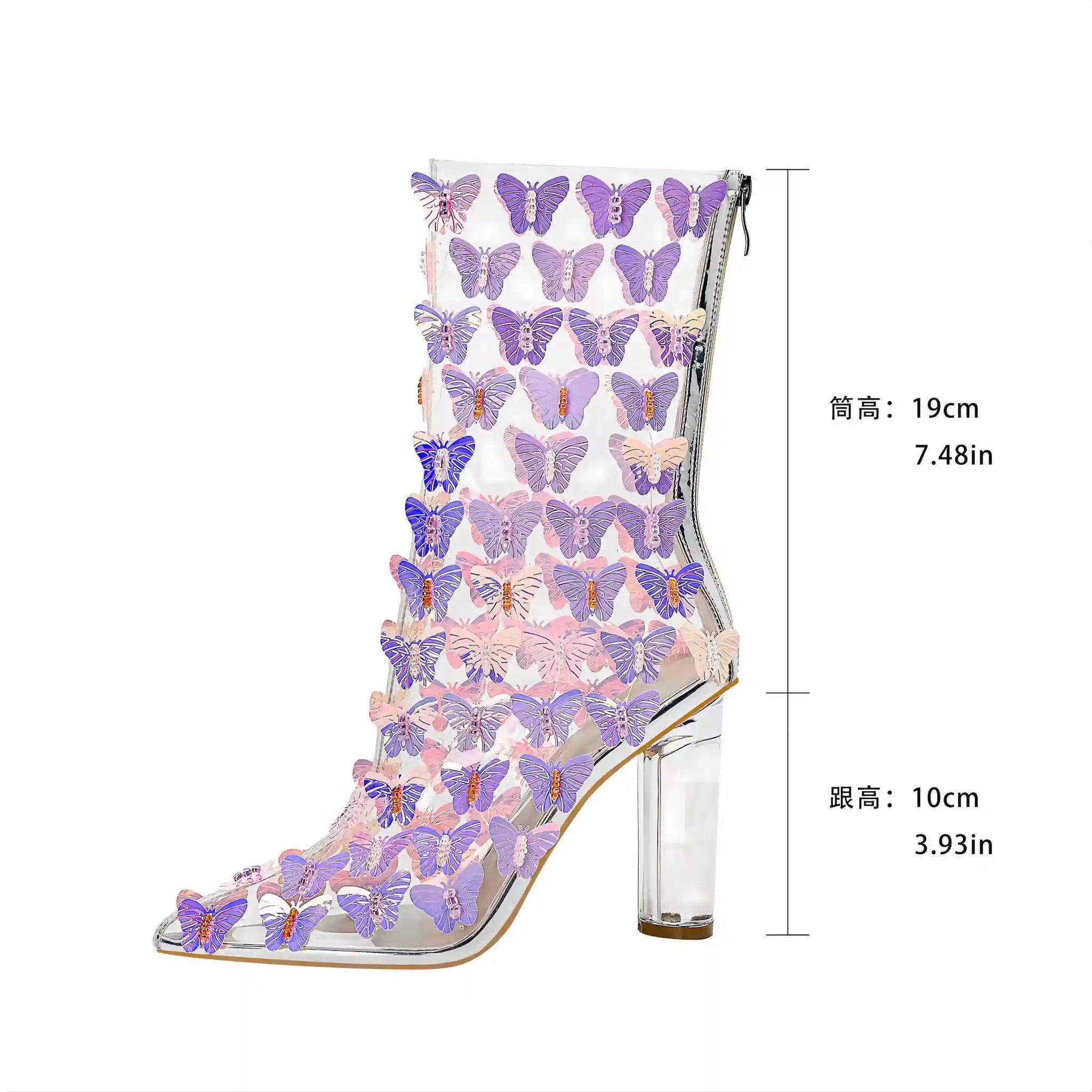 Whimsical Sheer Ankle Boots with Purple & Pink Butterfly Embellishments