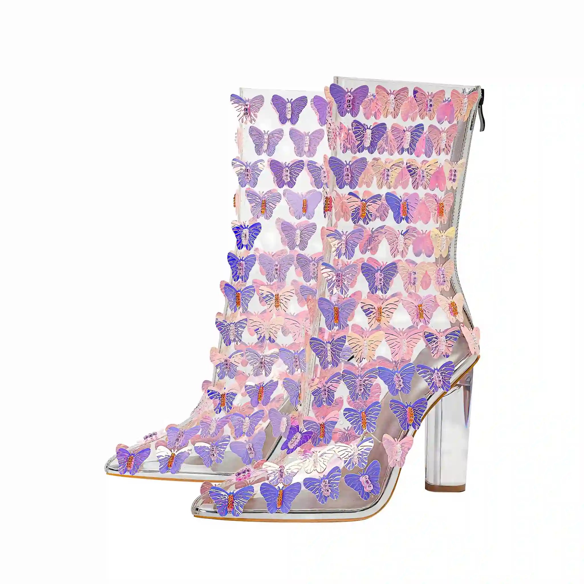 Whimsical Sheer Ankle Boots with Purple & Pink Butterfly Embellishments